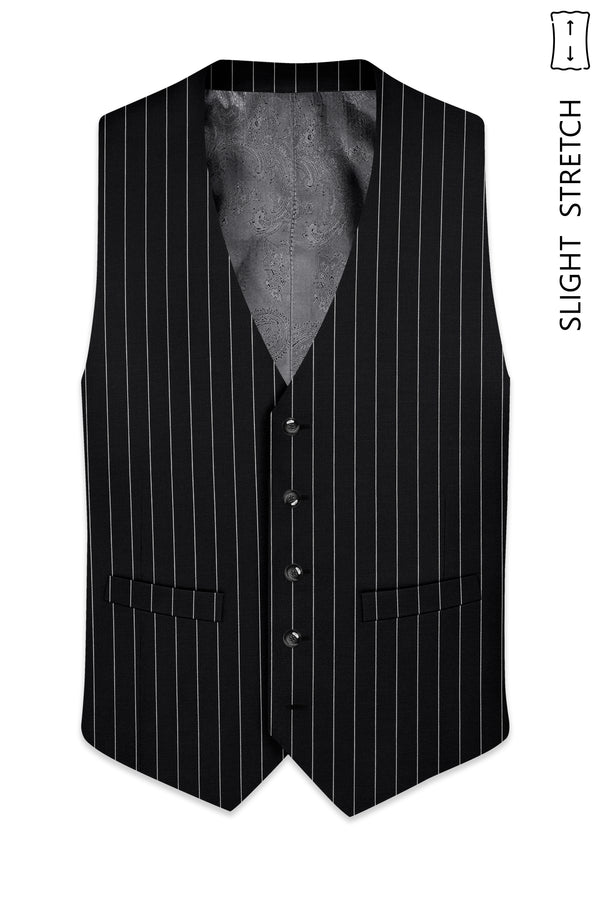 Veritas-Jade Black And Bright White Pin Striped Wool Rich Slight Stretch Waistcoat