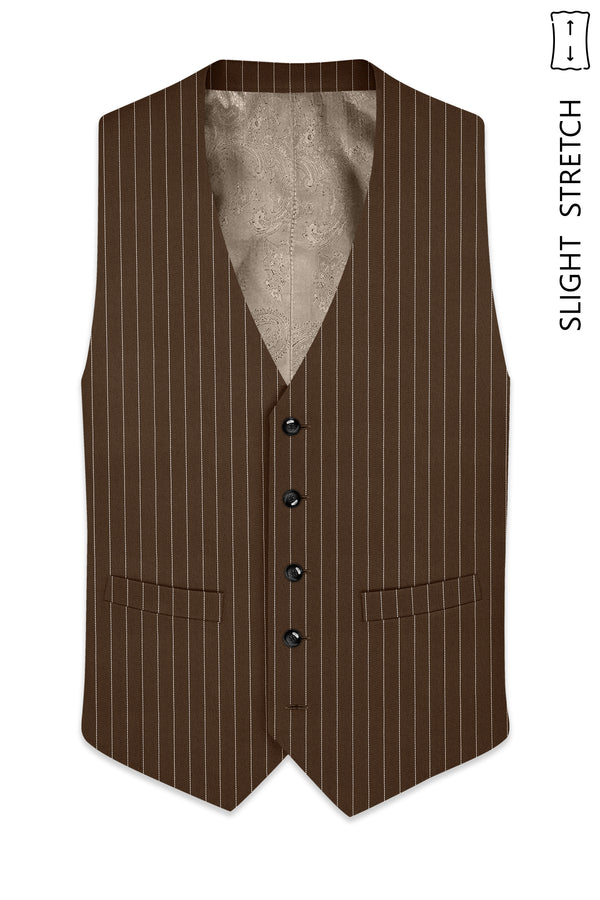 Bristol-Iroko Brown And Bright White Chalk Striped Wool Rich Slight Stretch Waistcoat