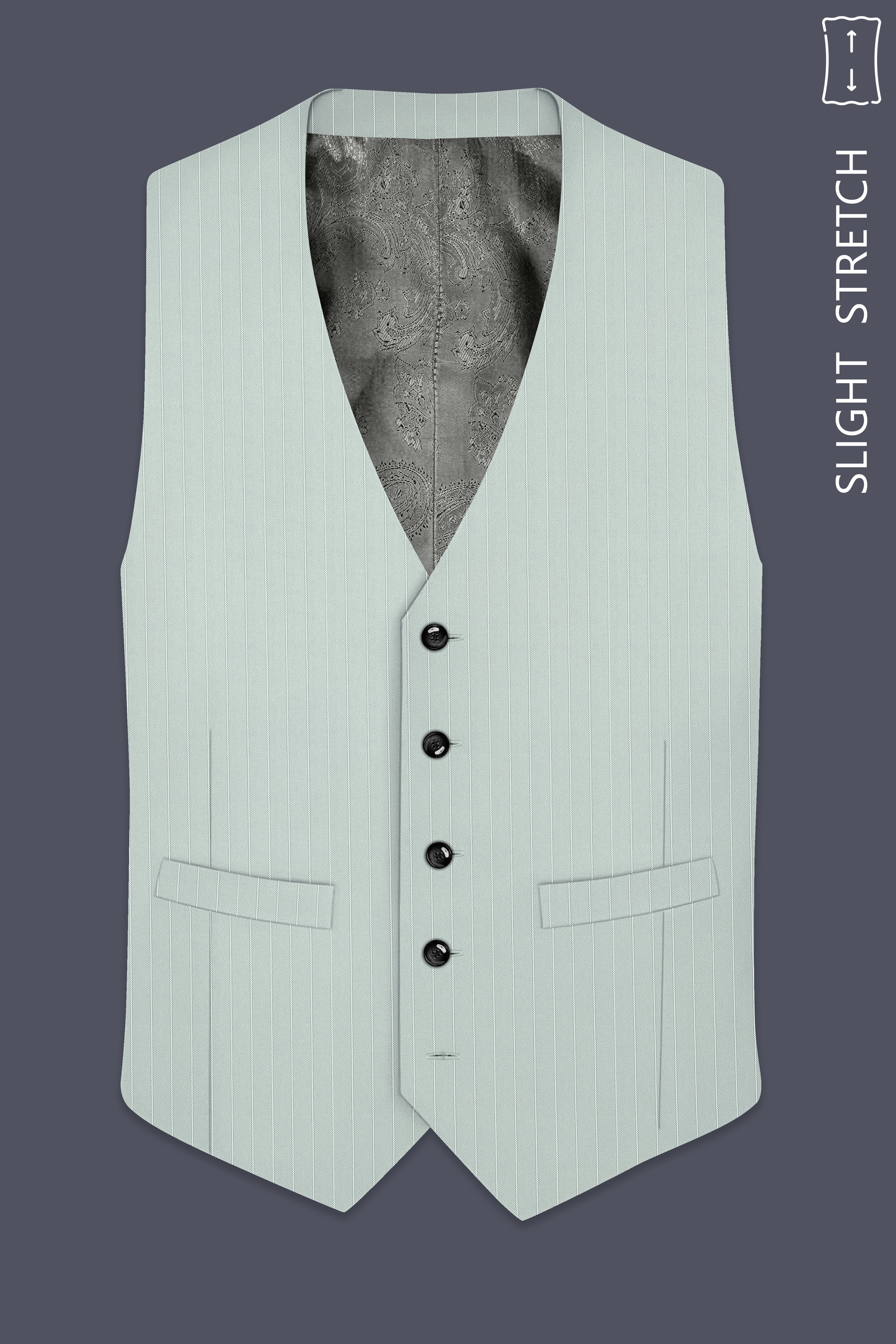 Halcyon-Pale Slate Green Herringbone Striped Wool Rich Slight Stretch Waistcoat
