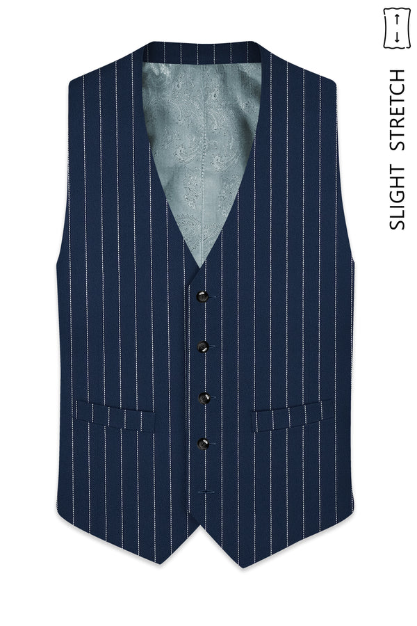 Veritus-Zodiac Blue And Bright White Chalk Striped Wool Rich Slight Stretch Waistcoat