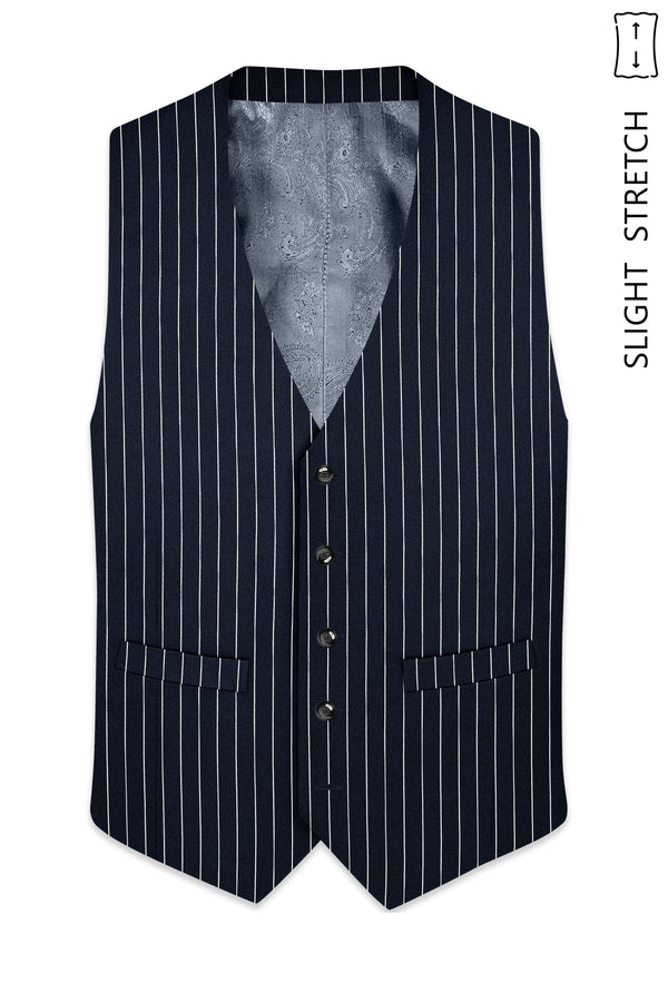 Echelon-Vulcan Blue Herringbone Striped Wool Rich Slight Stretch Waistcoat