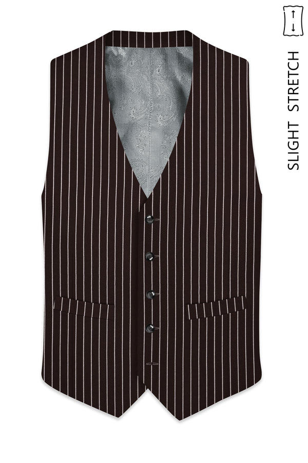 Bastion-Gondola Brown And Bright White Chalk Striped Wool Rich Slight Stretch Waistcoat