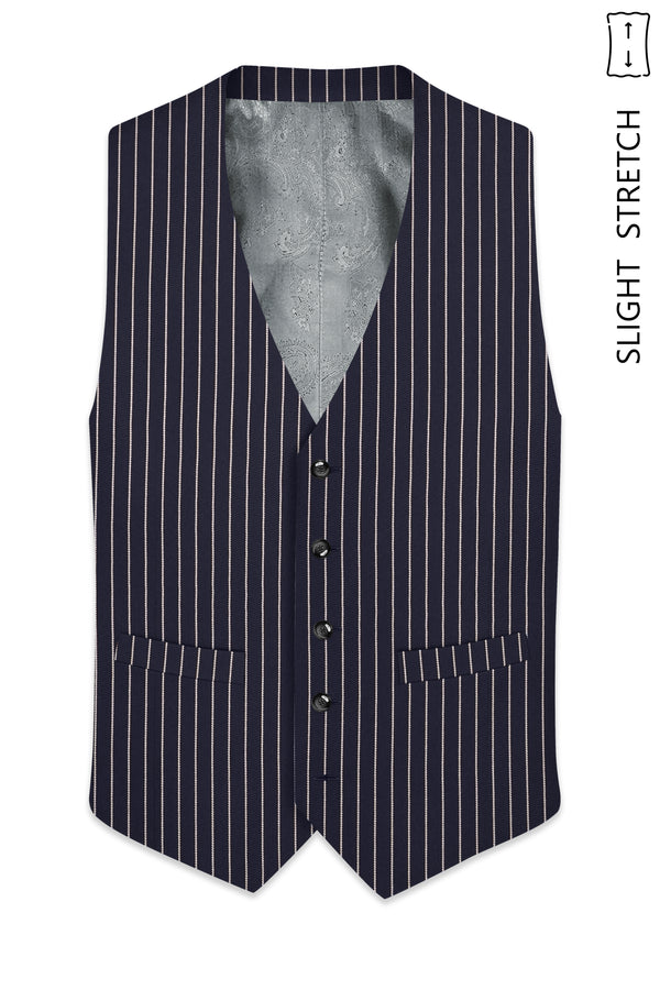 Maris-Baltic Sea Blue And Bright White Chalk Striped Wool Rich Slight Stretch Waistcoat