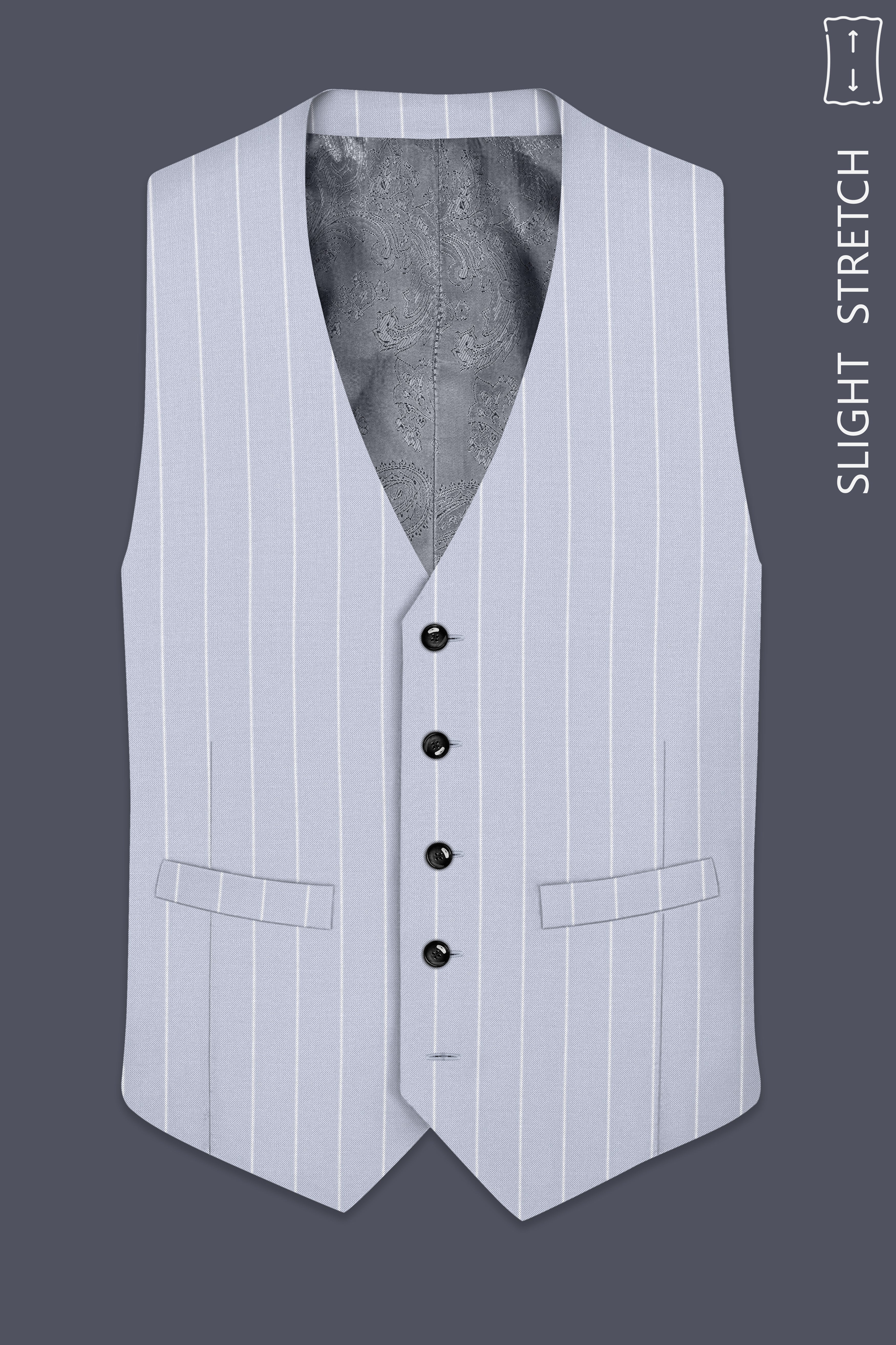 Axiom-Loblolly Gray And Bright White Chalk Striped Wool Rich Slight Stretch Waistcoat