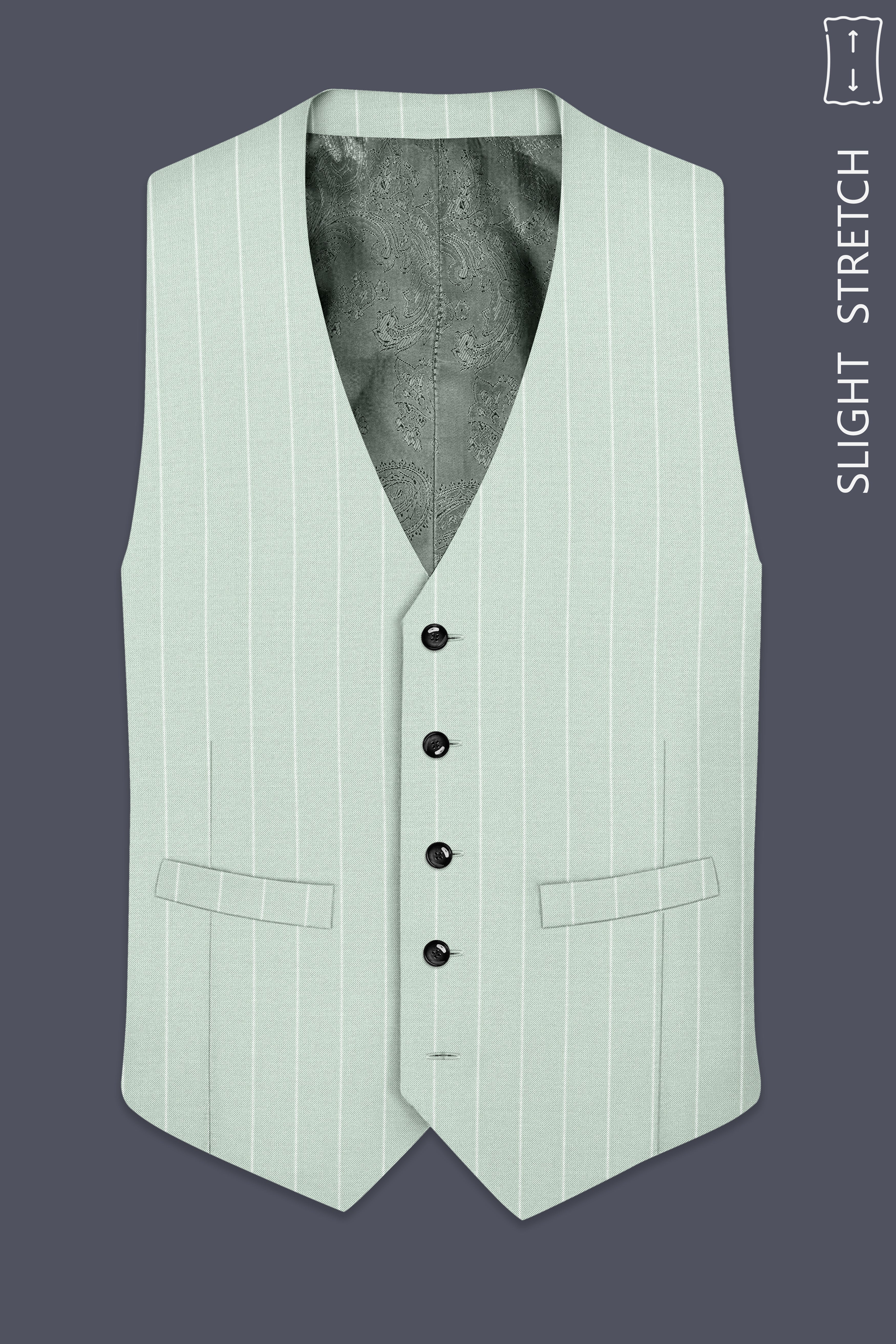 Halcyon-Pale Leaf Green And Bright White Chalk Striped Wool Rich Slight Stretch Waistcoat