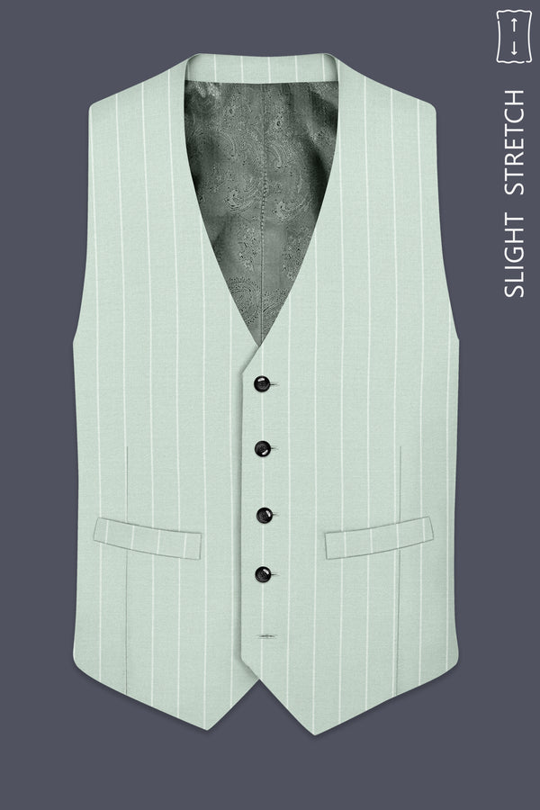Halcyon-Pale Leaf Green And Bright White Chalk Striped Wool Rich Slight Stretch Waistcoat