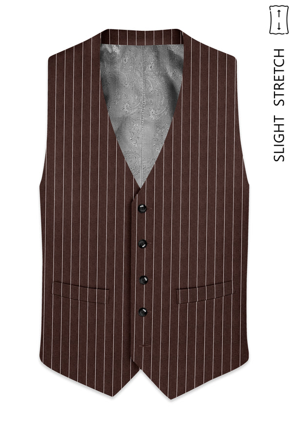 Bristol-Bistre Brown And Bright White Chalk Striped Wool Rich Slight Stretch Waistcoat