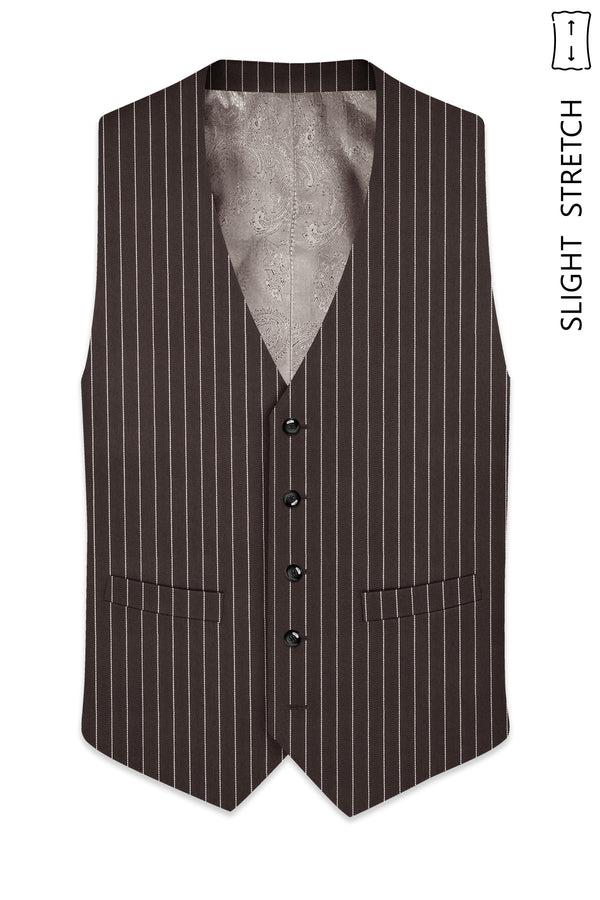 Sovereign-Umber Brown And Bright White Chalk Striped Wool Rich Slight Stretch Waistcoat