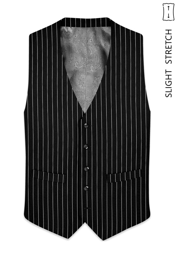 Noir-Jade Black Herringbone Striped Wool Rich Slight Stretch Waistcoat