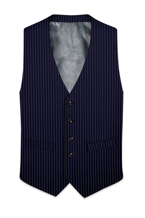 Mariner-Denim Blue And Bright White Chalk Striped Wool Rich Wrinkle-Free Fluid Drape Fabric Waistcoat