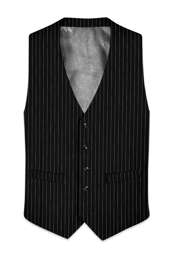 Gravitas-Jade Black And Bright White Chalk Striped Wool Rich Wrinkle-Free Fluid Drape Fabric Waistcoat