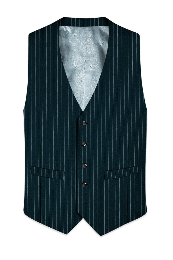 Zenith-Imperial Teal And Bright White Chalk Striped Wool Rich Wrinkle-Free Fluid Drape Fabric Waistcoat