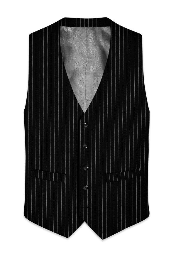 Noble-Jade Black Chalk Striped Wool Rich Wrinkle-Free Fluid Drape Fabric Waistcoat