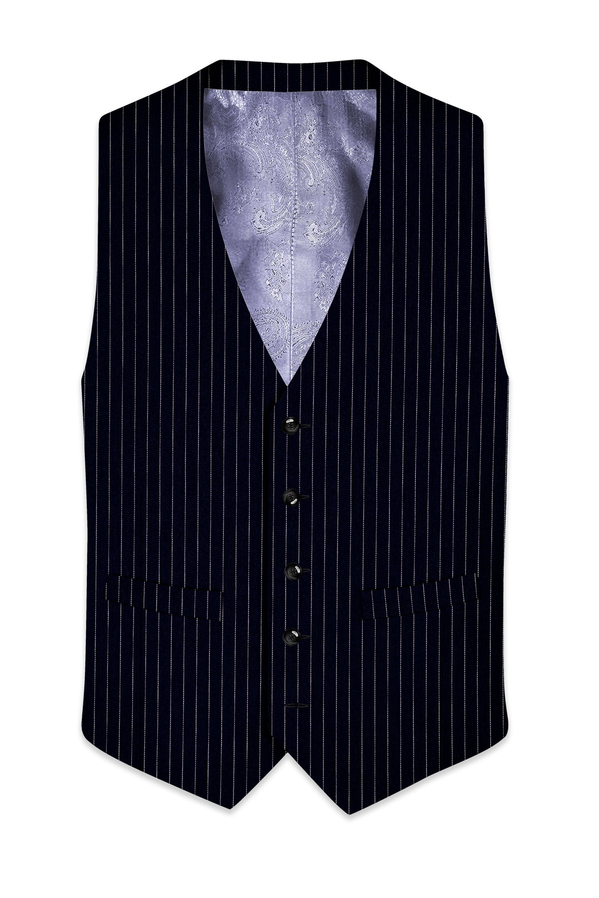 Windsor-Navy Blue Chalk Striped Wool Rich Wrinkle-Free Fluid Drape Fabric Waistcoat