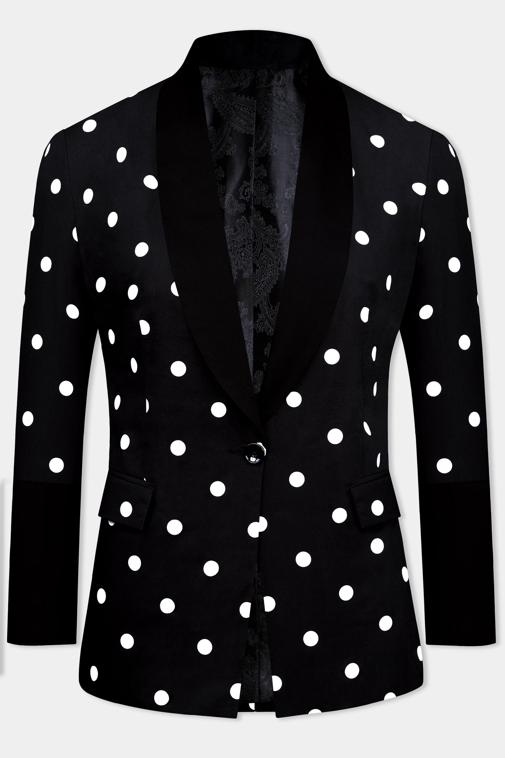 Jade Black and White Polka Dotted Premium Cotton Women’s Tuxedo Blazer