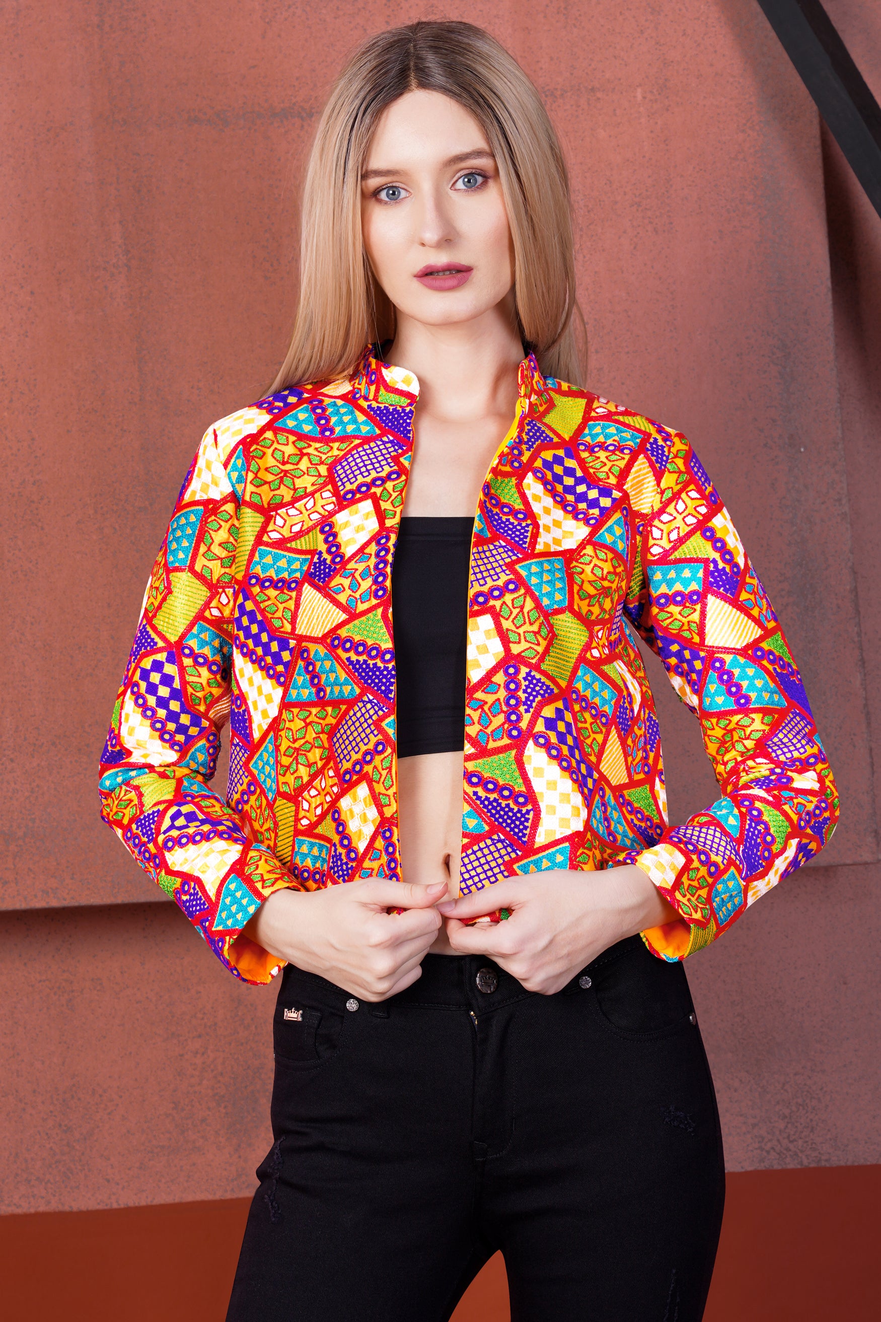 Carmine Red with Amber Yellow and Kelly Green Multicolour Cotton Thread Embroidered Designer Jacket