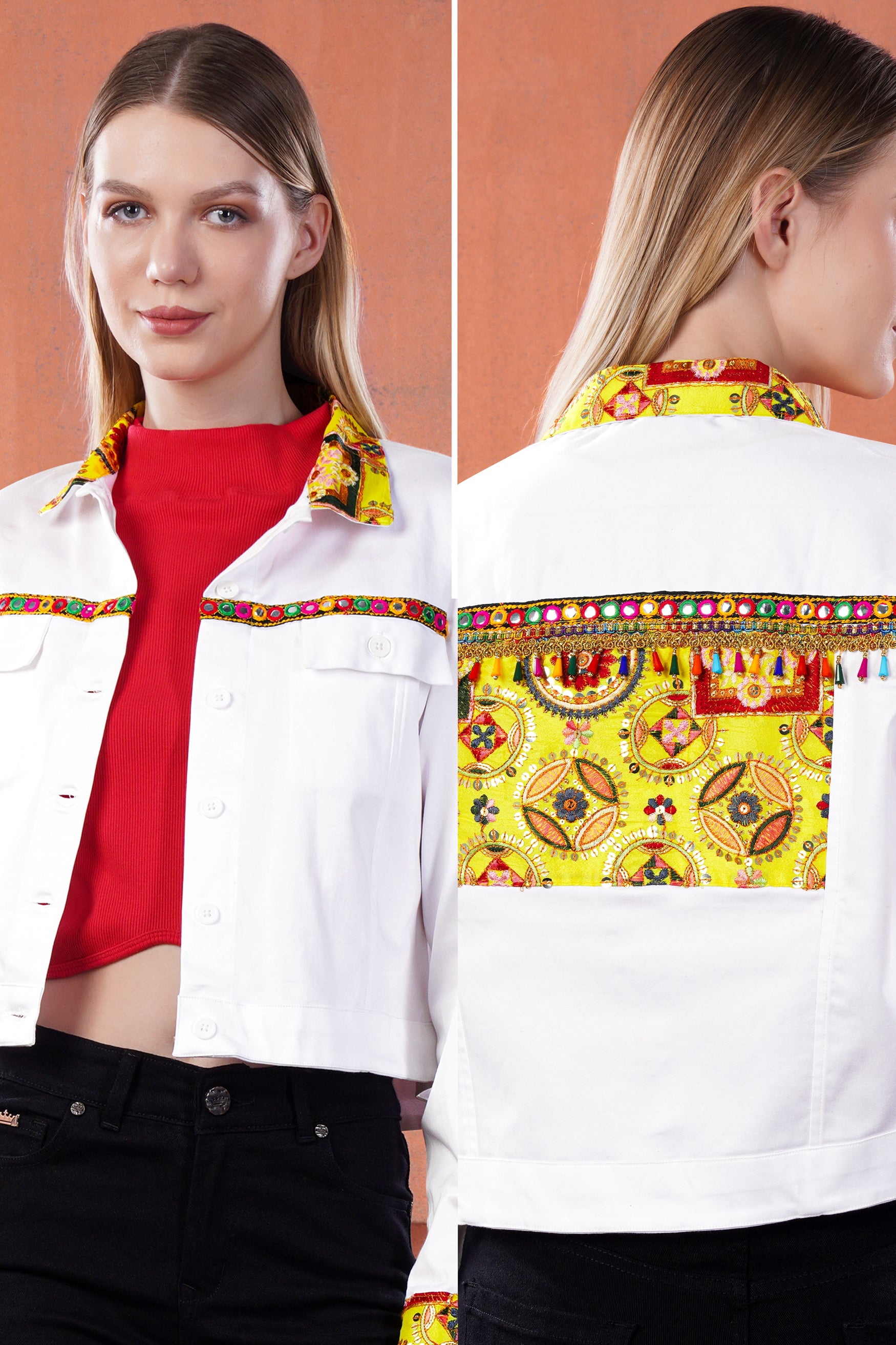 Bright White with Peridot Yellow and Scarlet Red Multicolour Cotton Thread Embroidered Jacket