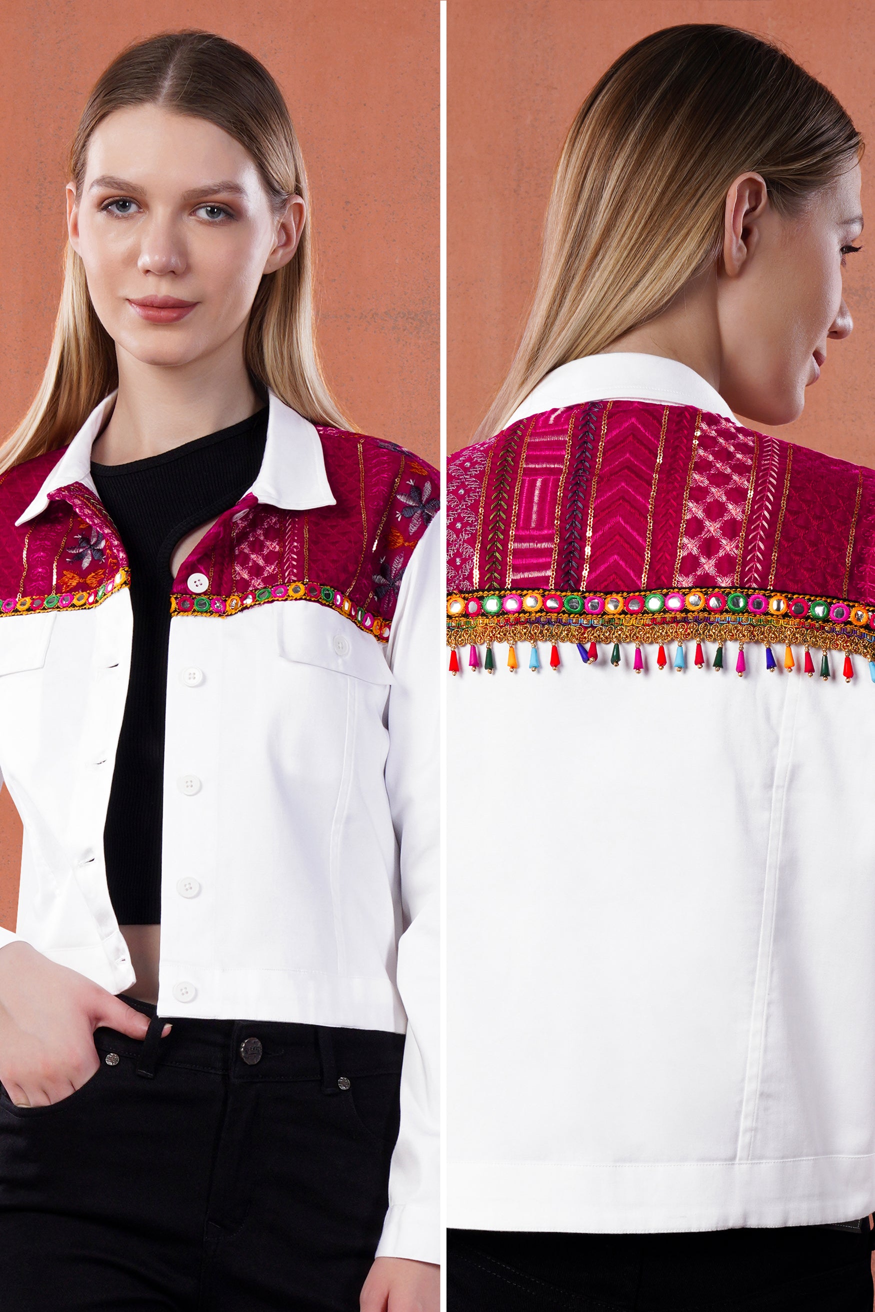 Bright White with Raspberry Pink and Seaweed Green Multicolour Cotton Thread Embroidered Jacket with Mirror Work