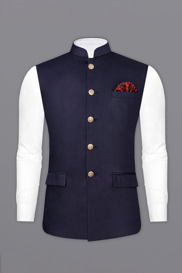 Navy Blue Subtle Sheen Textured Nehru Jacket