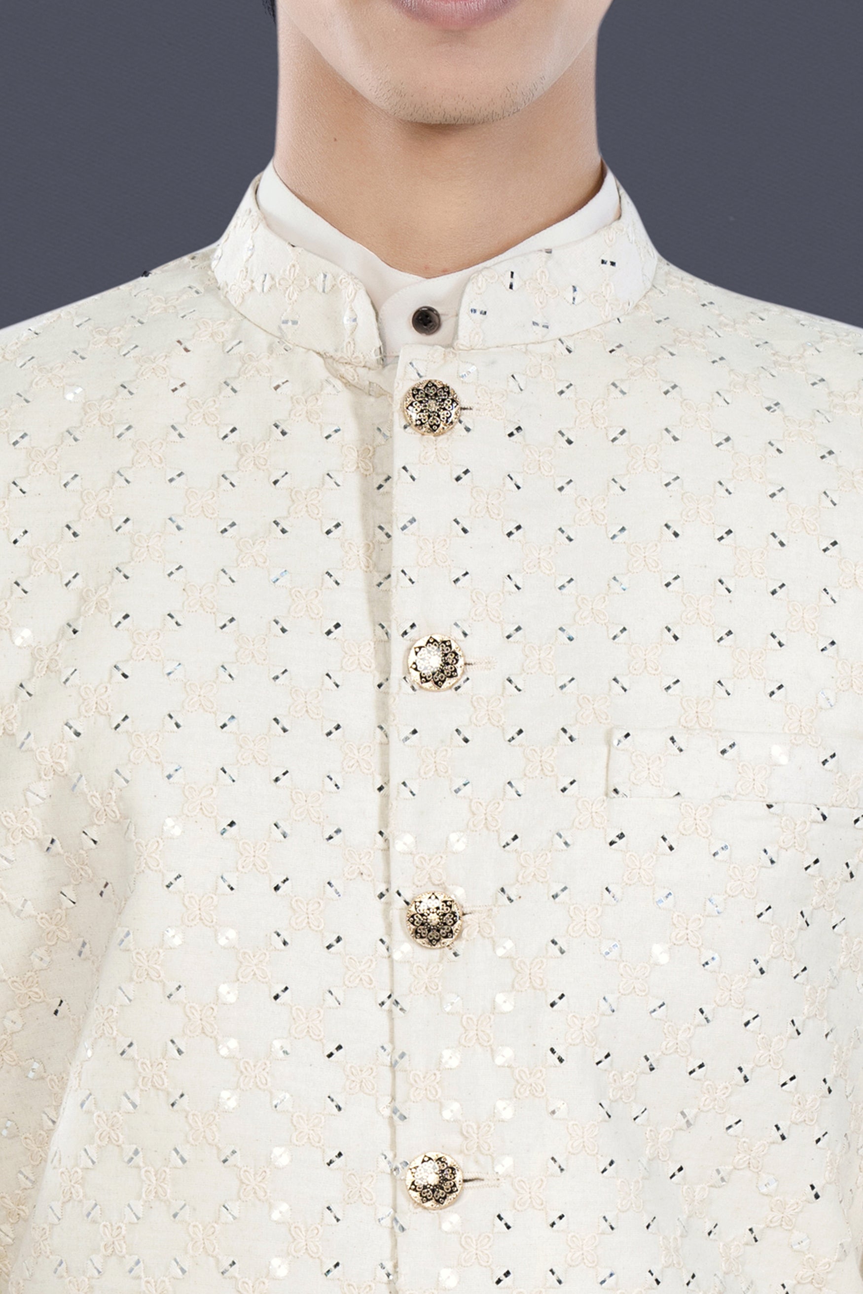 Bright White Geometric Thread and Sequin Embroidered Designer Nehru Jacket WC3473-36,  WC3473-38,  WC3473-40,  WC3473-42,  WC3473-44,  WC3473-46,  WC3473-48,  WC3473-50,  WC3473-52,  WC3473-54,  WC3473-56,  WC3473-58,  WC3473-60