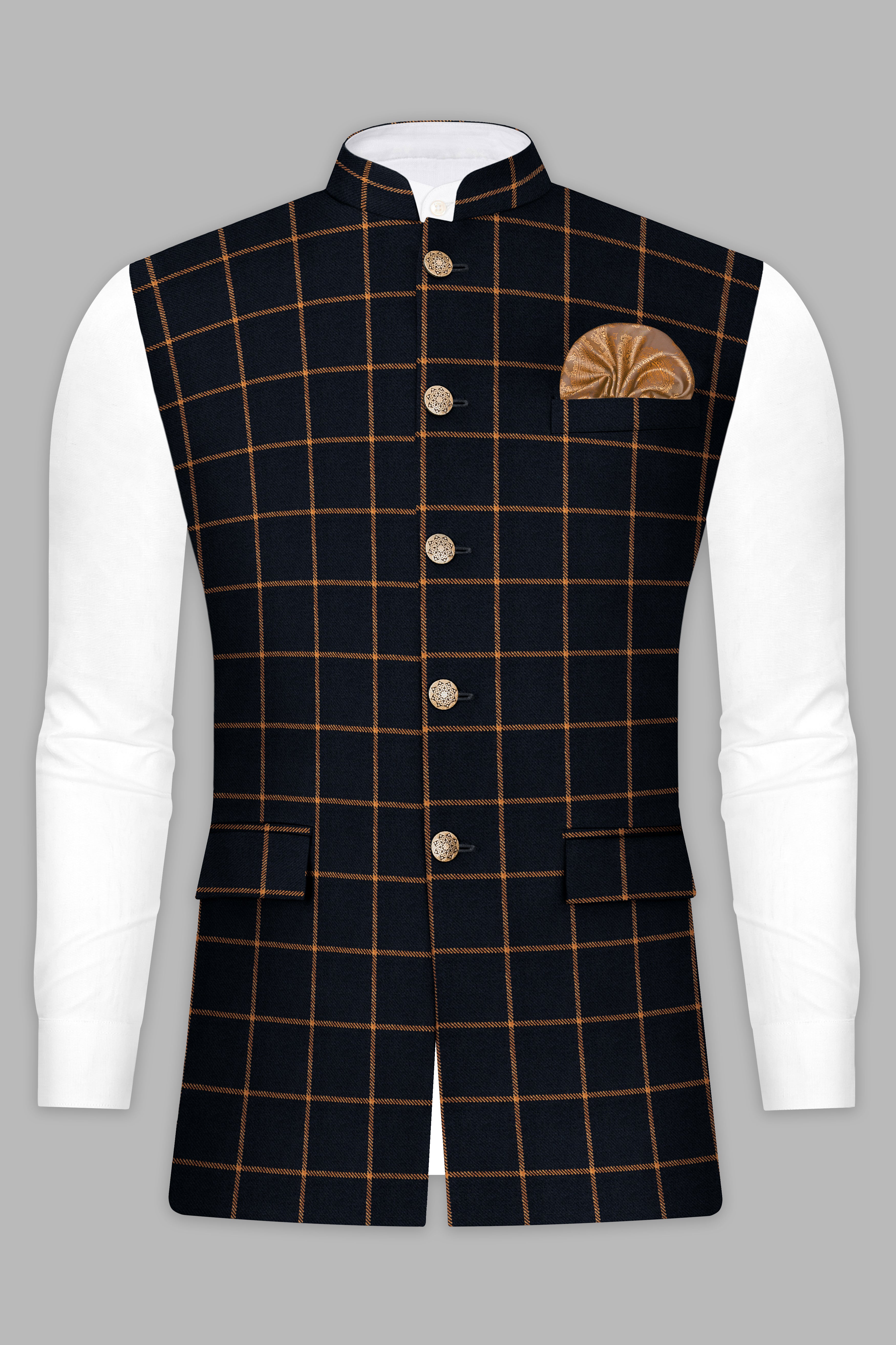 Jade Black with Potters Orange Windowpane Tweed Nehru Jacket