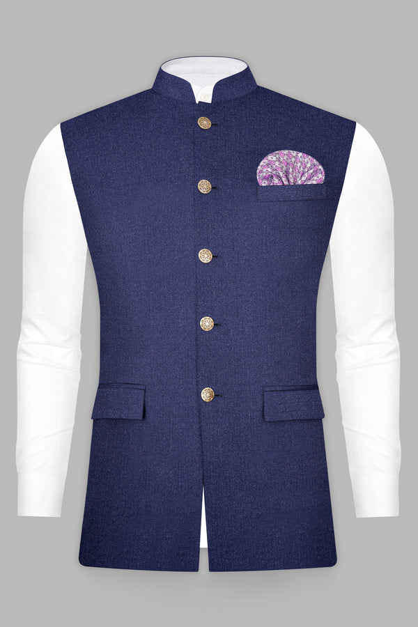 Ebony Clay Blue Textured Wool Blend Nehru Jacket