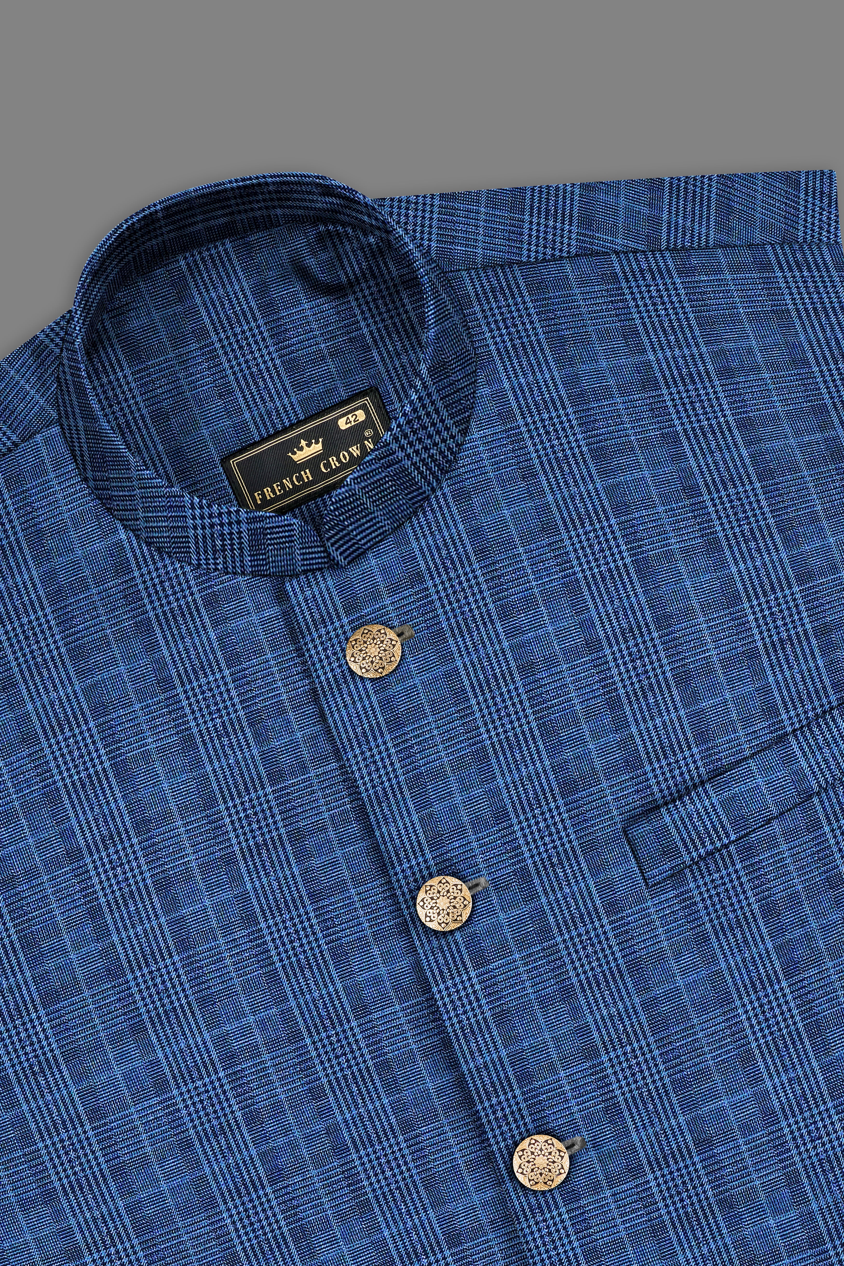 Mid Blue Plaid Wool Rich Nehru Jacket