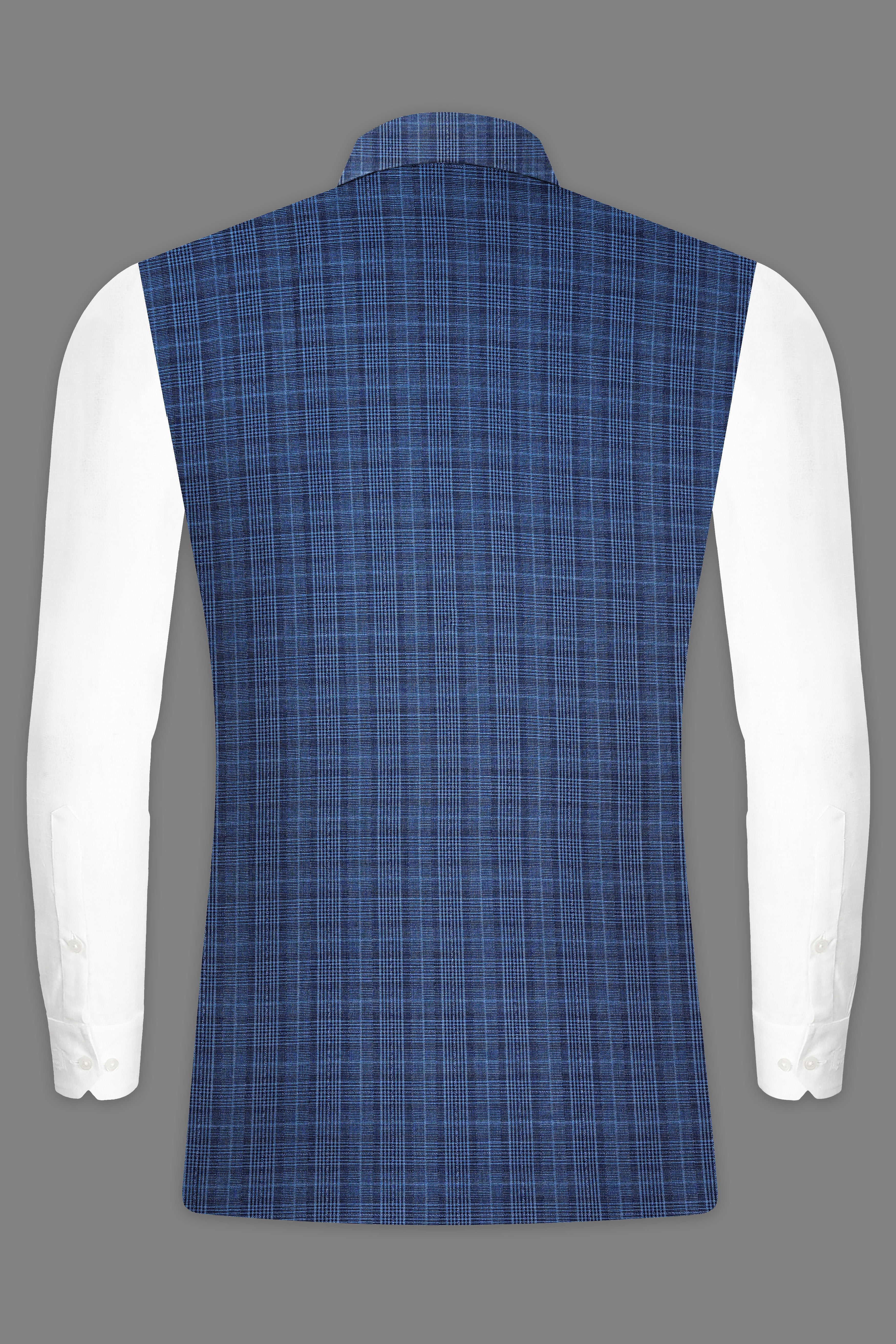 Mid Blue Plaid Wool Rich Nehru Jacket