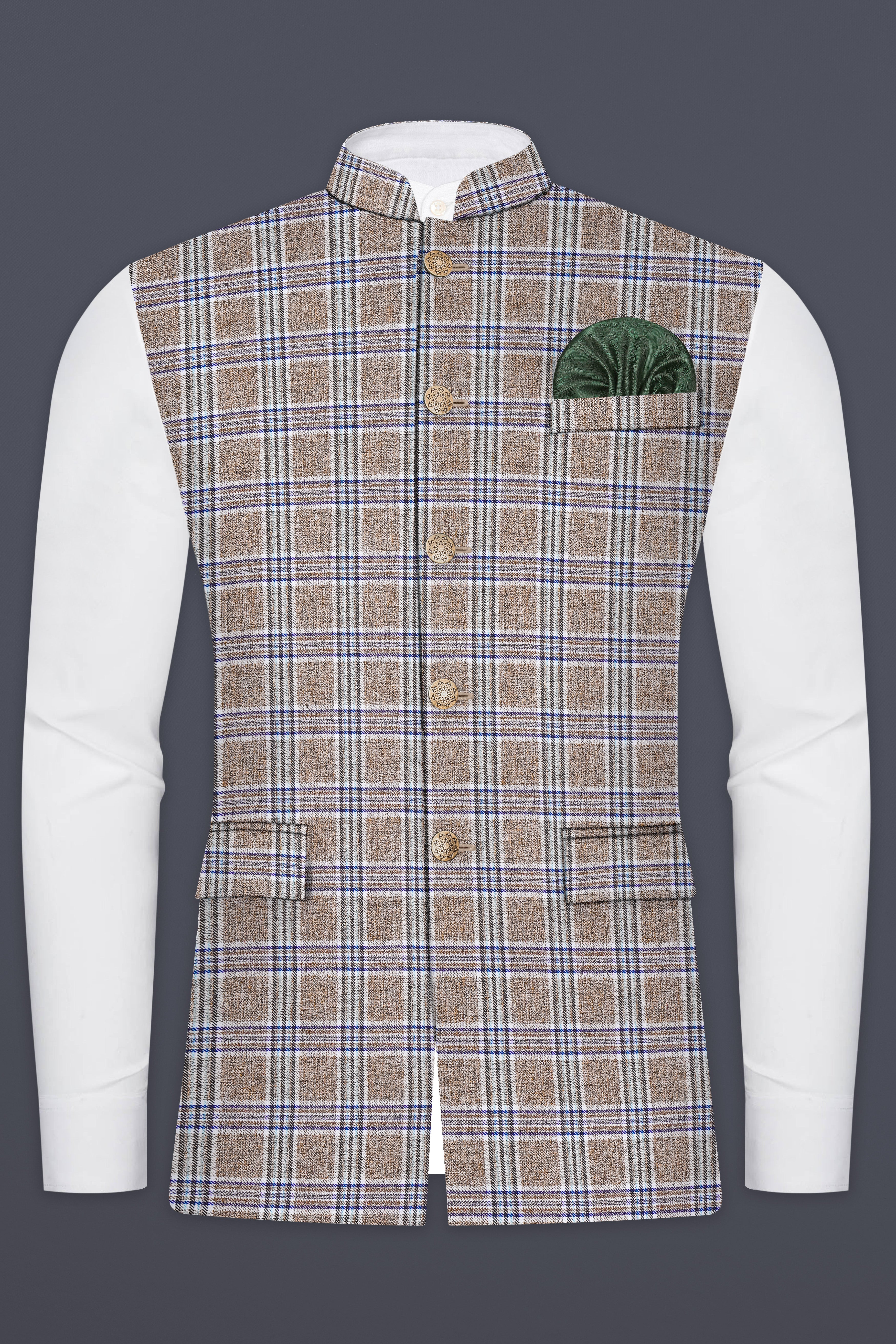 Shadow Brown with Rhino Blue Plaid Wool Blend Nehru Jacket