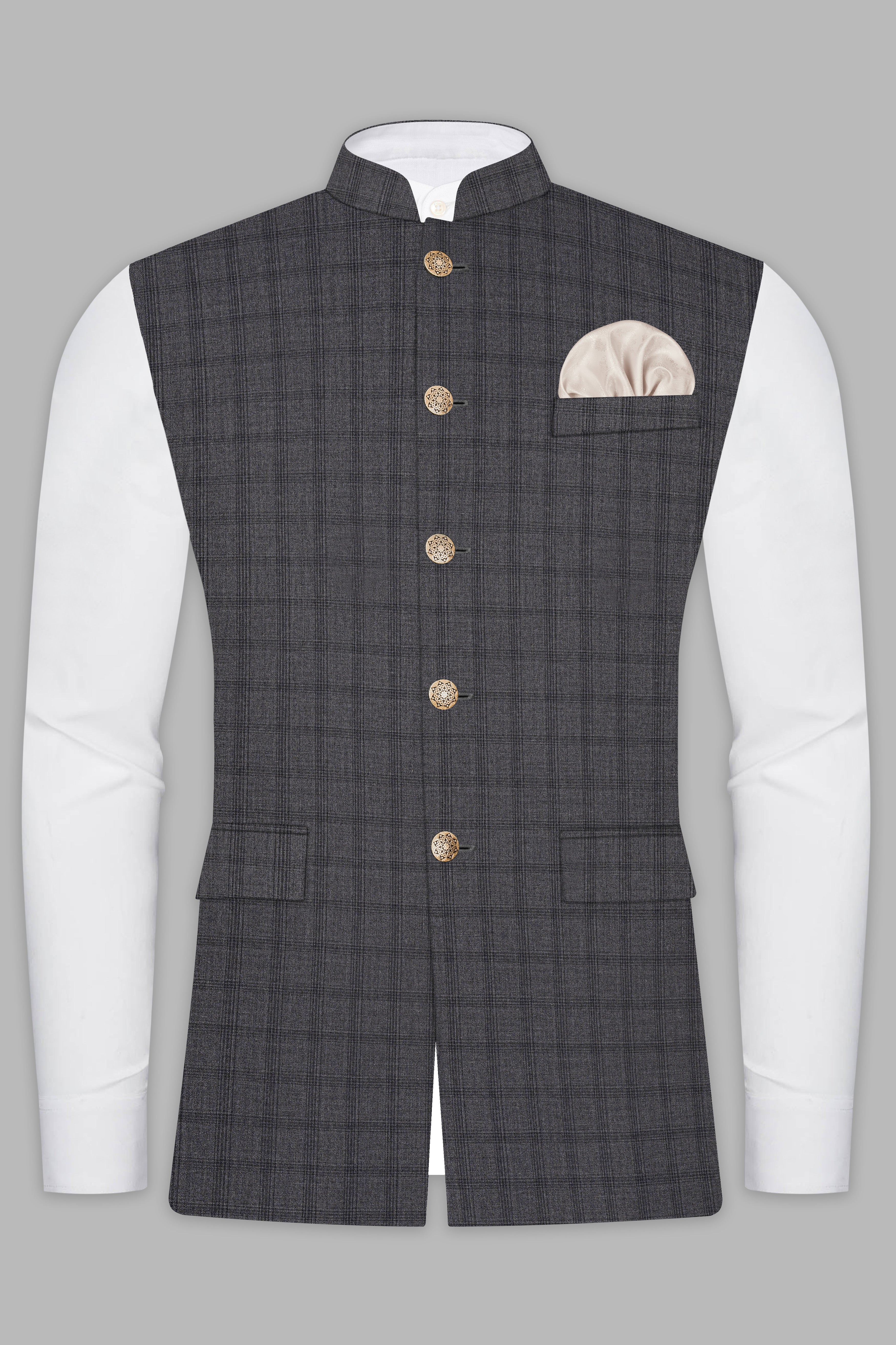 Gravel Gray Checked Wool Blend Nehru Jacket