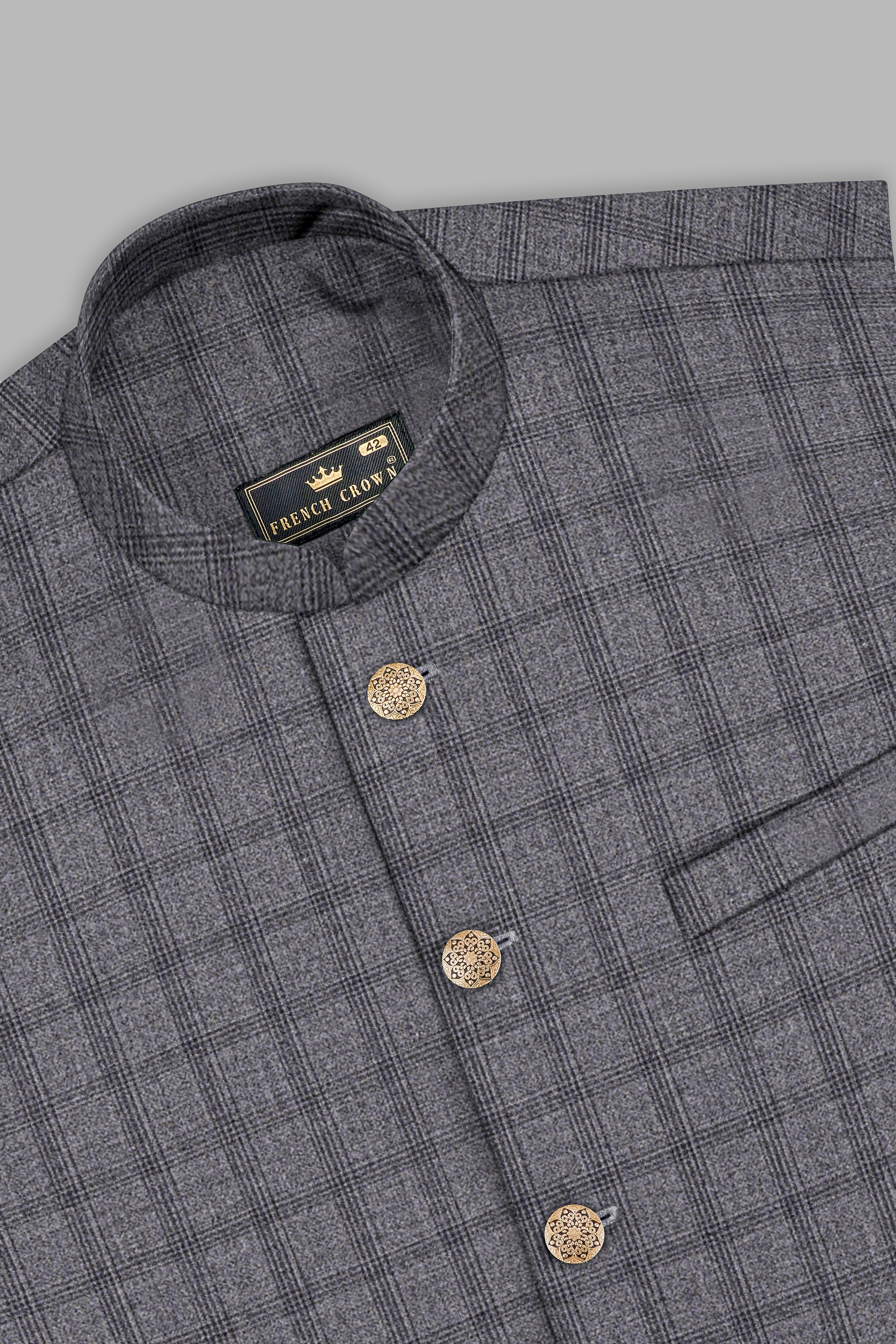 Gravel Gray Checked Wool Blend Nehru Jacket