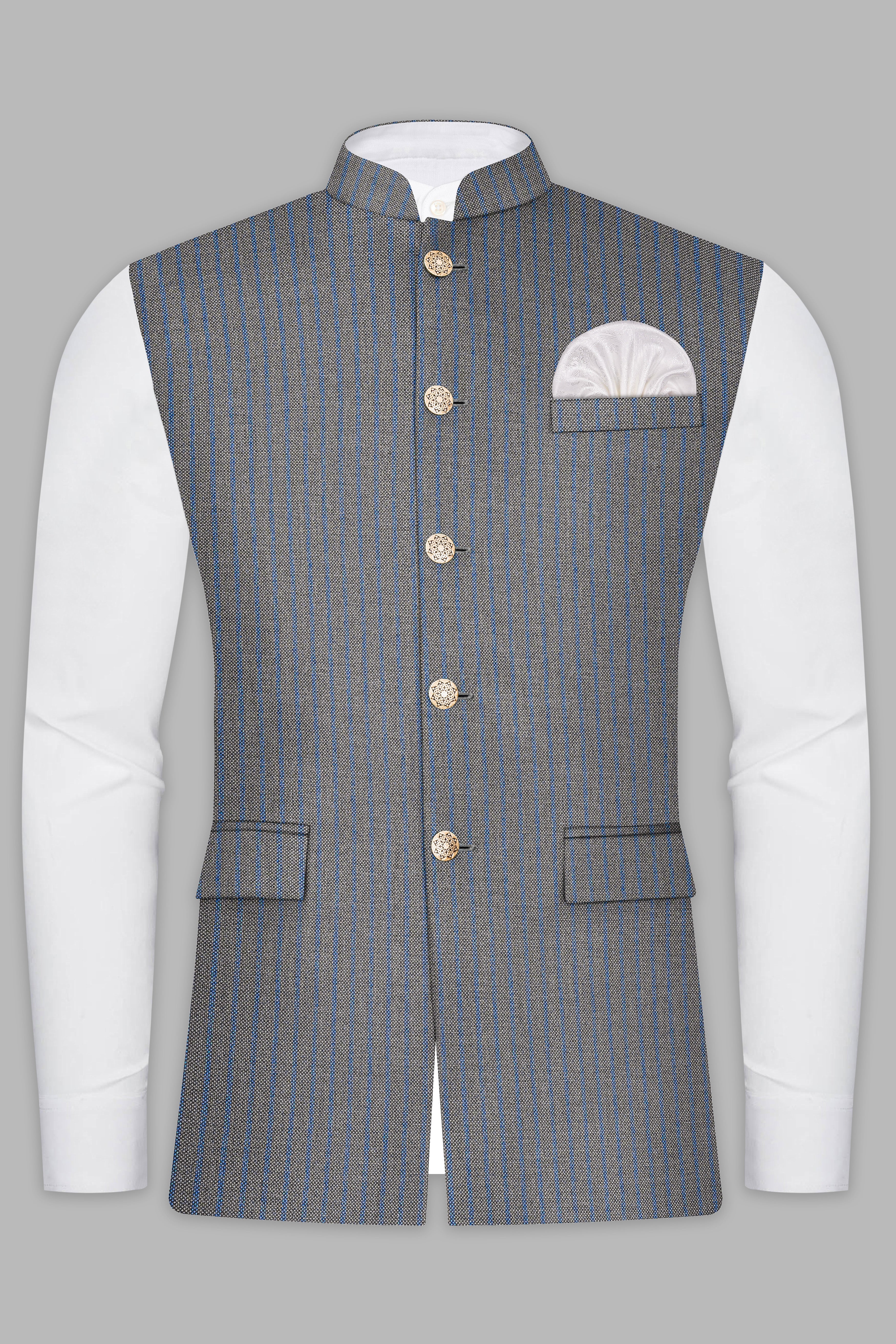 Vampire Gray Striped Wool Blend Nehru Jacket