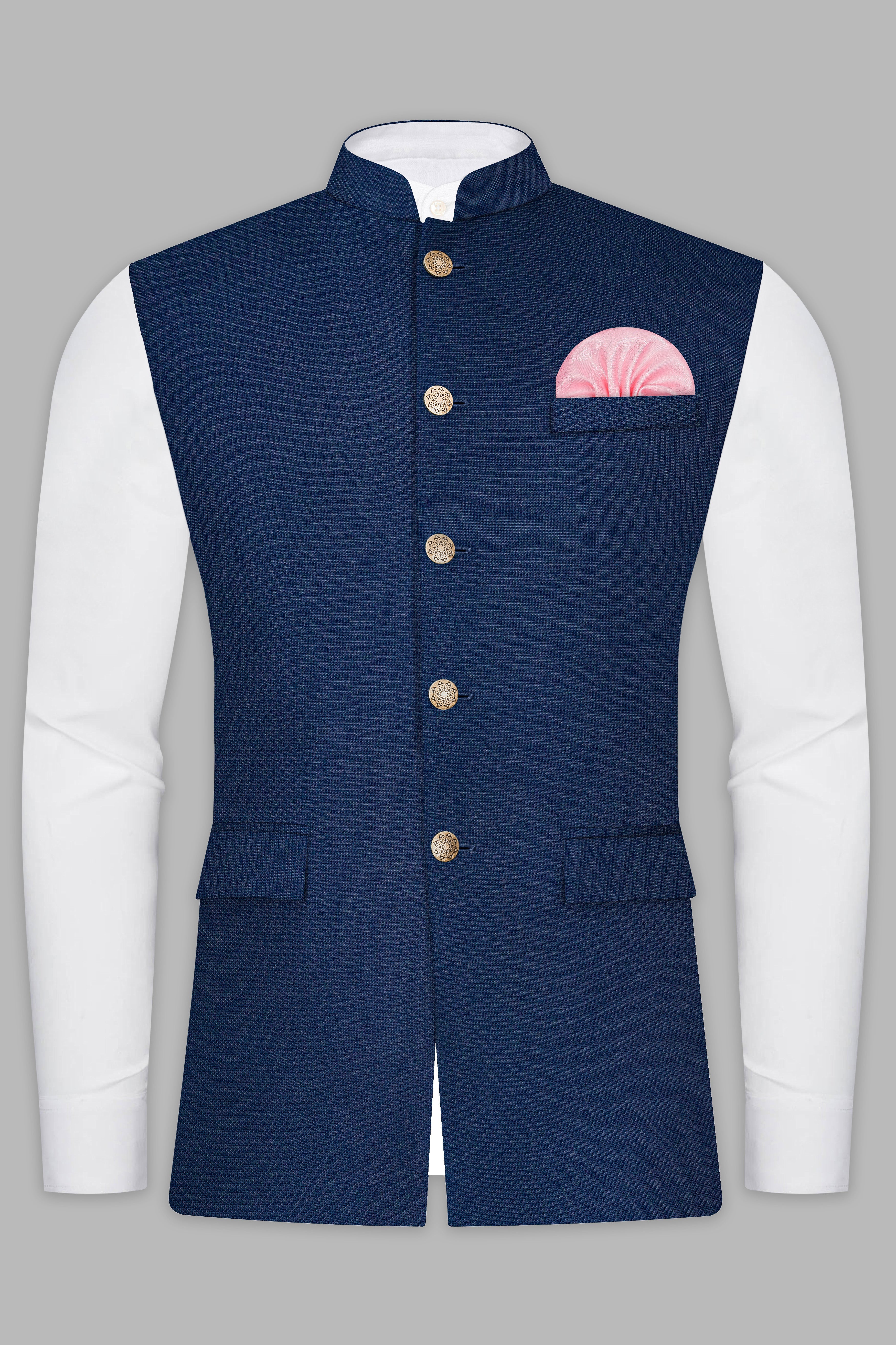 Big Stone Blue Textured Wool Blend Nehru Jacket