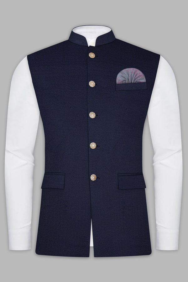 Thunder Blue Solid Wool Blend Nehru Jacket