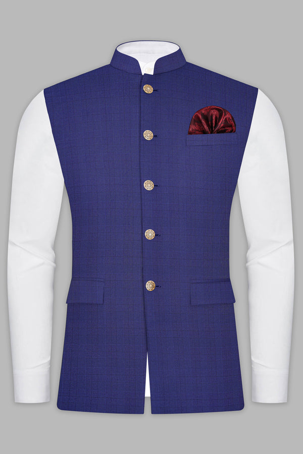 Martinique Blue Plaid Wool Blend Nehru Jacket