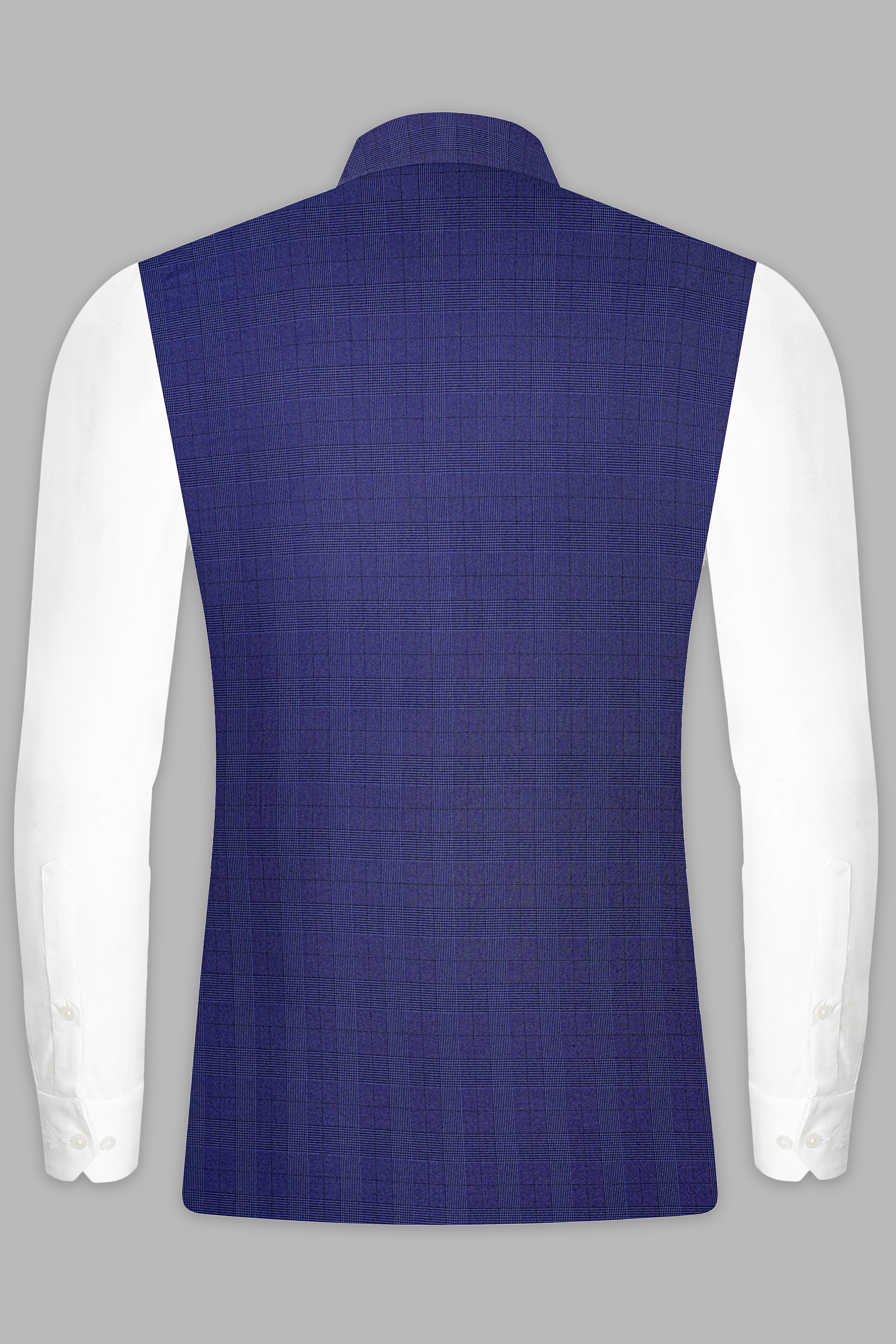 Martinique Blue Plaid Wool Blend Nehru Jacket