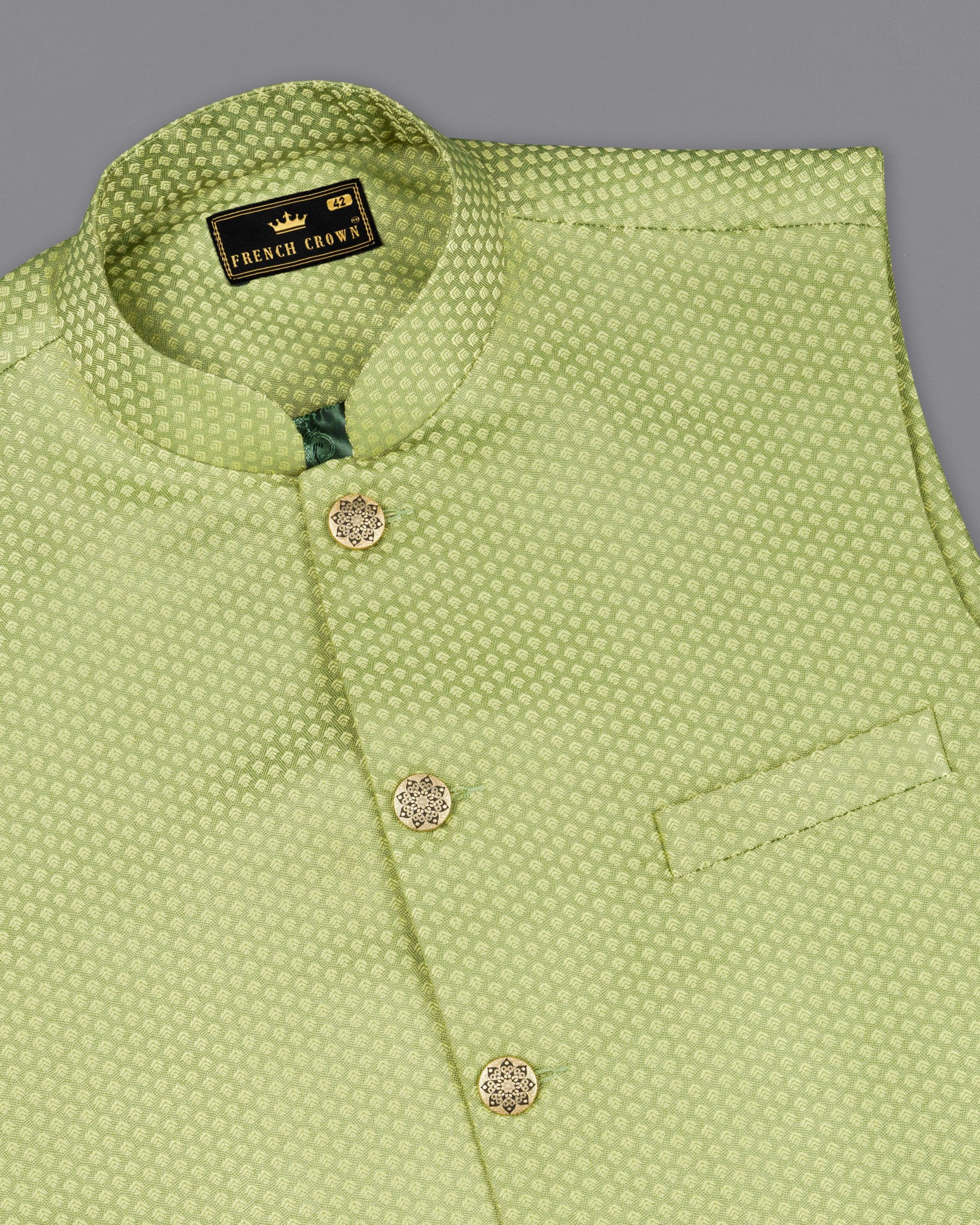 Olivine Green Textured Nehru Jacket WC1674-36, WC1674-38, WC1674-40, WC1674-42, WC1674-44, WC1674-46, WC1674-48, WC1674-50, WC1674-52, WC1674-54, WC1674-56, WC1674-58, WC1674-60