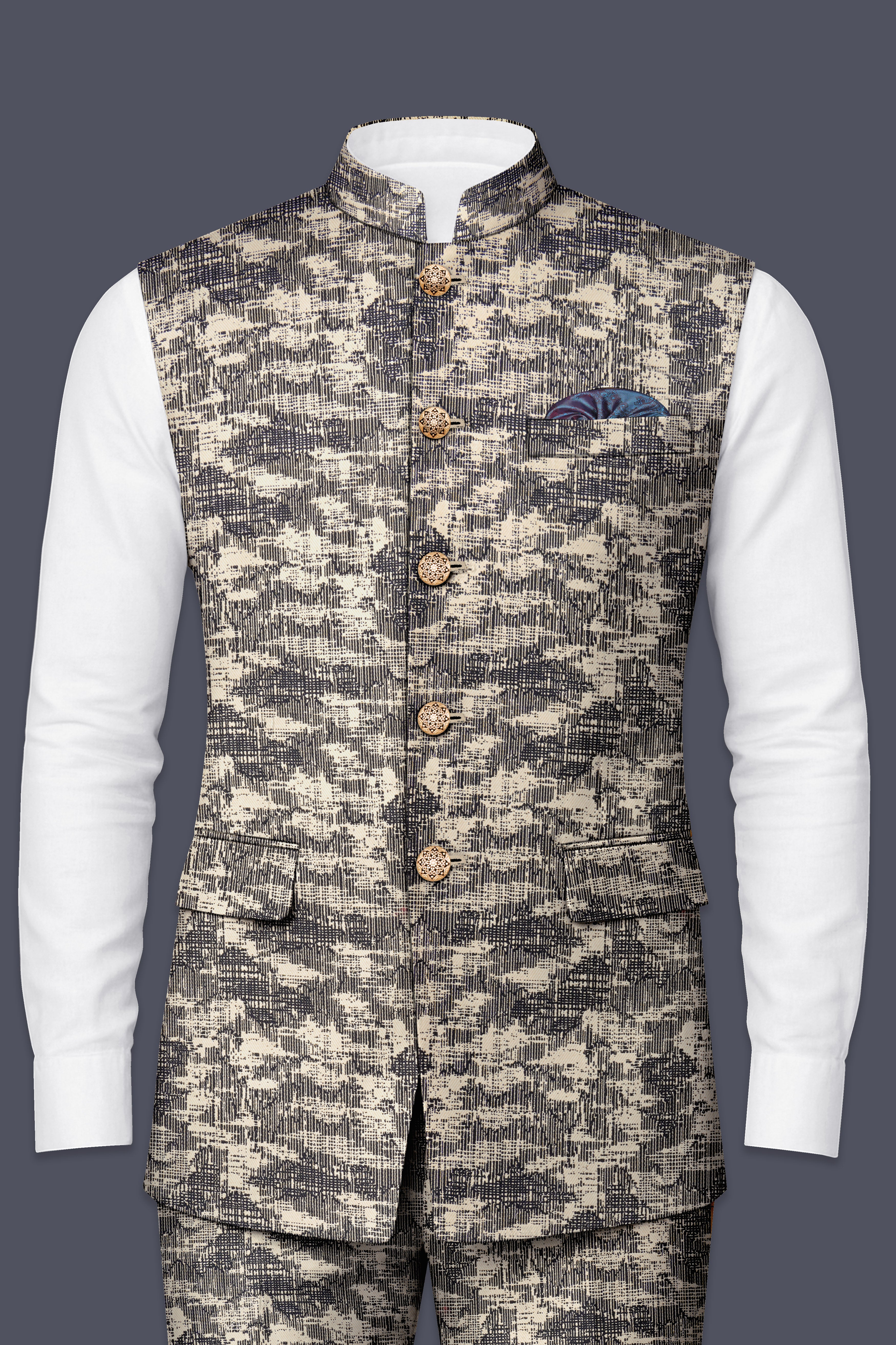 Bastille and Champagne Beige Abstract Print Nehru Jacket