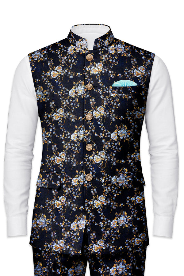 Storm Dust Blue Floral Printed Nehru Jacket