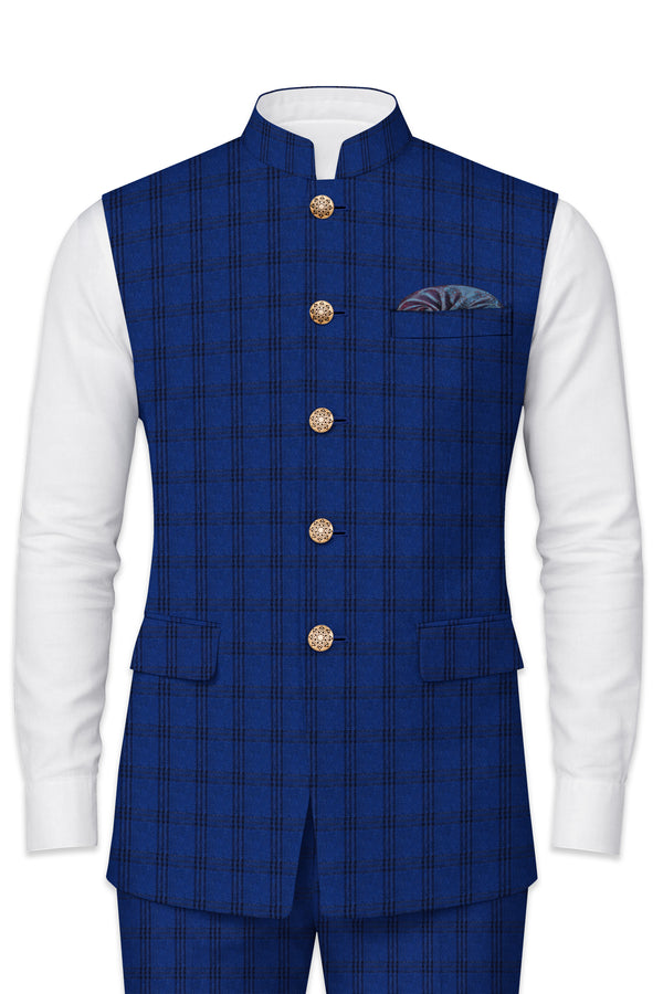 Cloud Burst Blue With Black Plaid Nehru Jacket