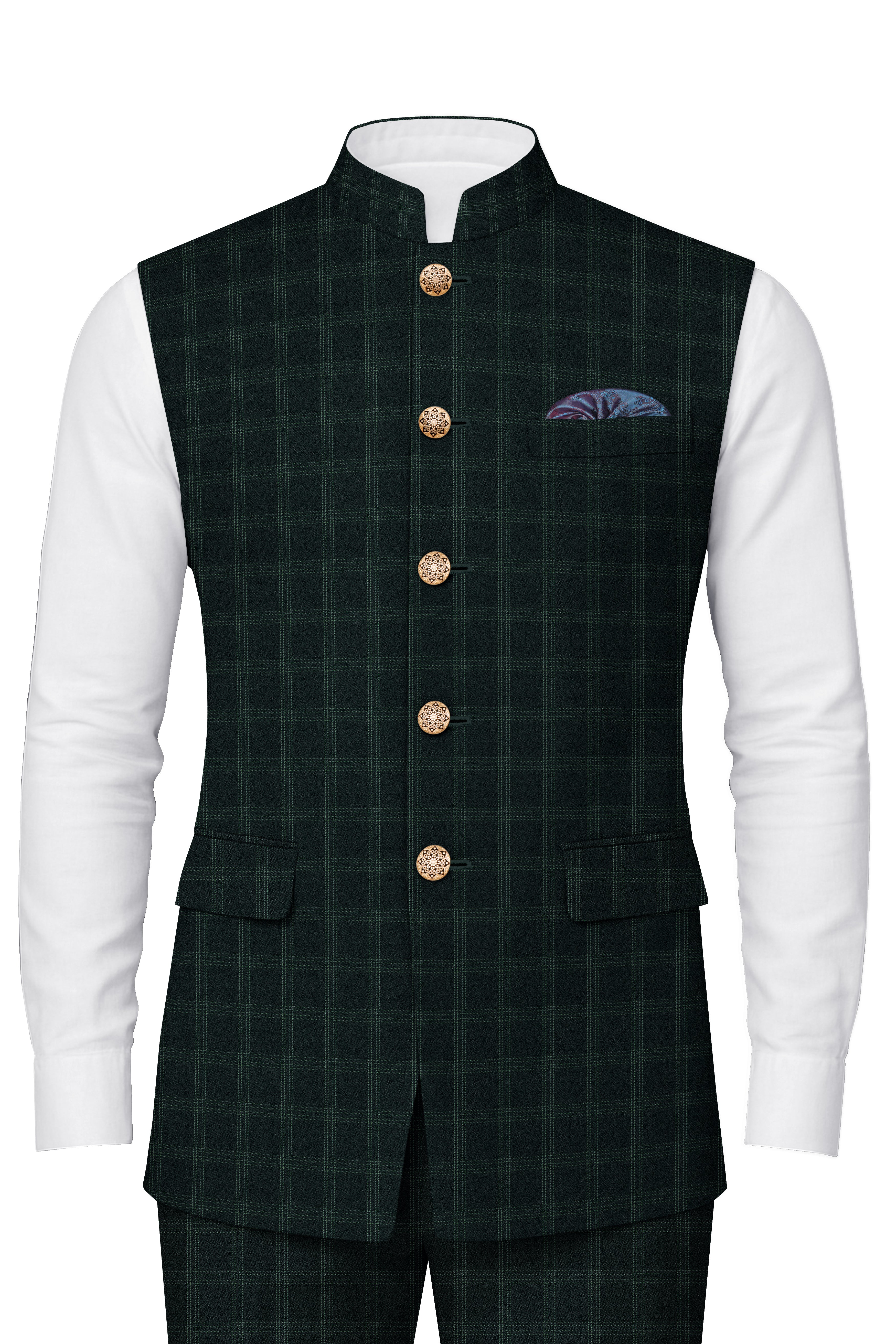 Zeus Green Plaid Bandhgala Nehru Jacket