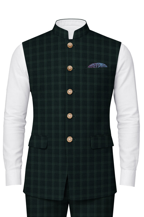 Zeus Green Plaid Bandhgala Nehru Jacket