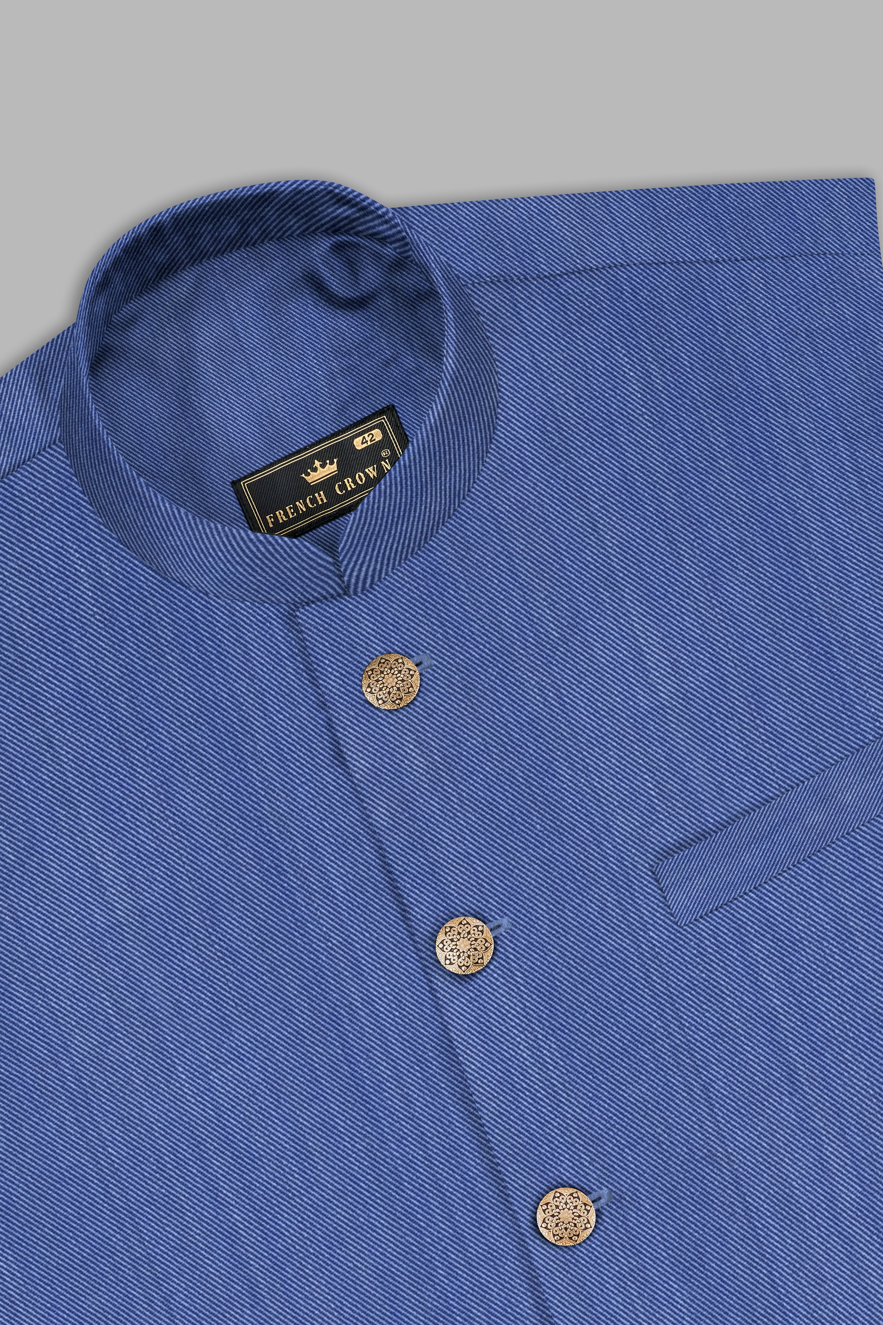Twilight Blue Premium Cotton Cross Placket Bandhgala Nehru Jacket