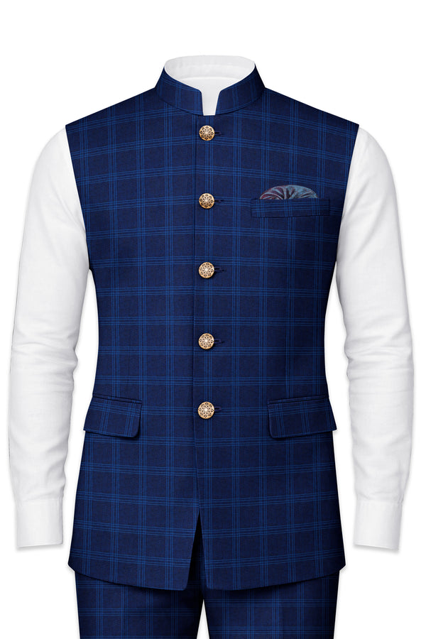 Baltic Sea Blue Windowpane Bandhgala Nehru Jacket
