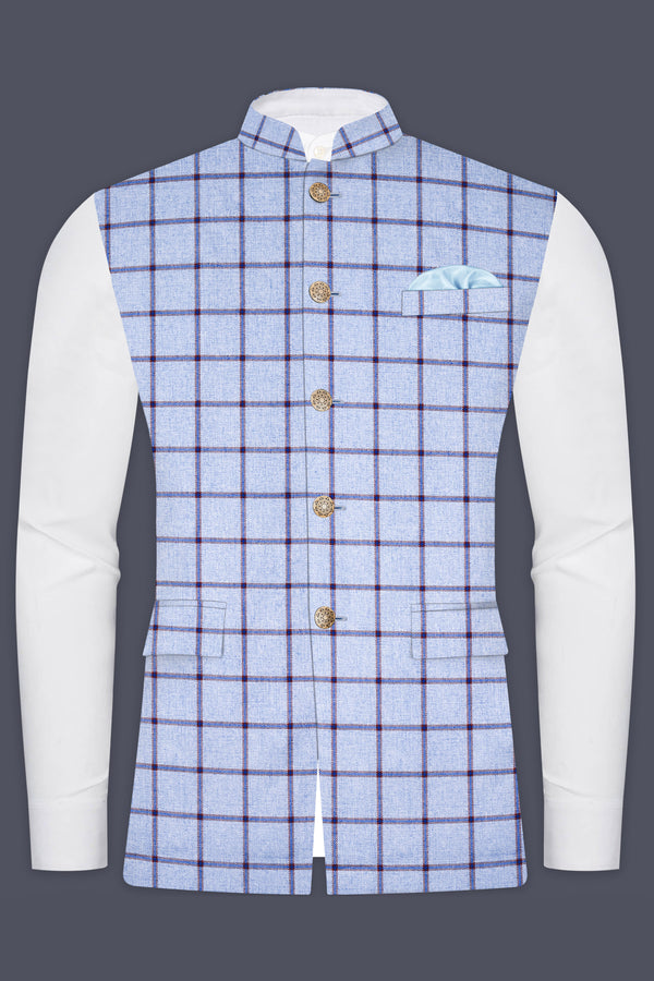 Spun Pearl Blue Checkered Bandhgala Nehru Jacket