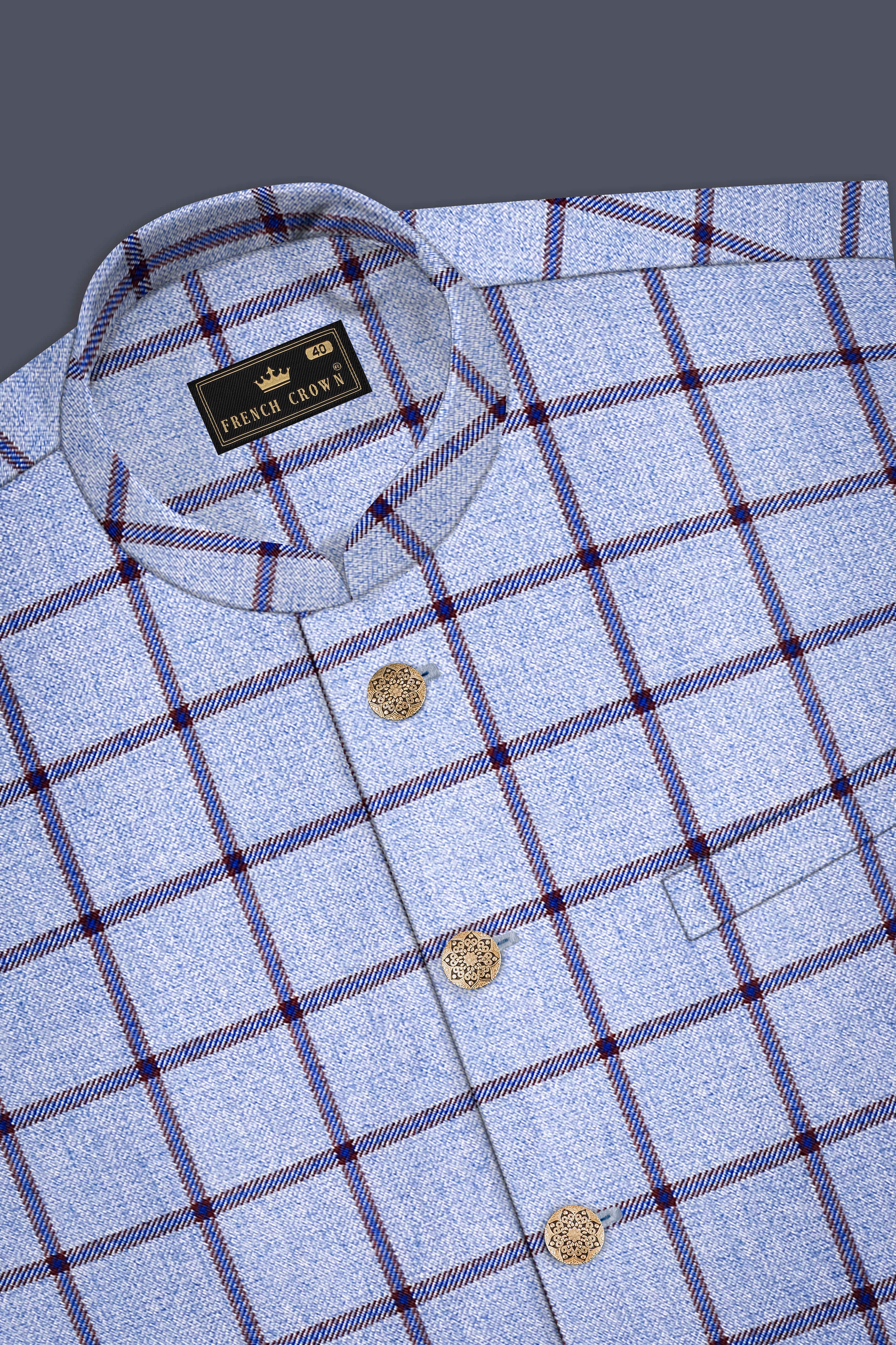 Spun Pearl Blue Checkered Bandhgala Nehru Jacket