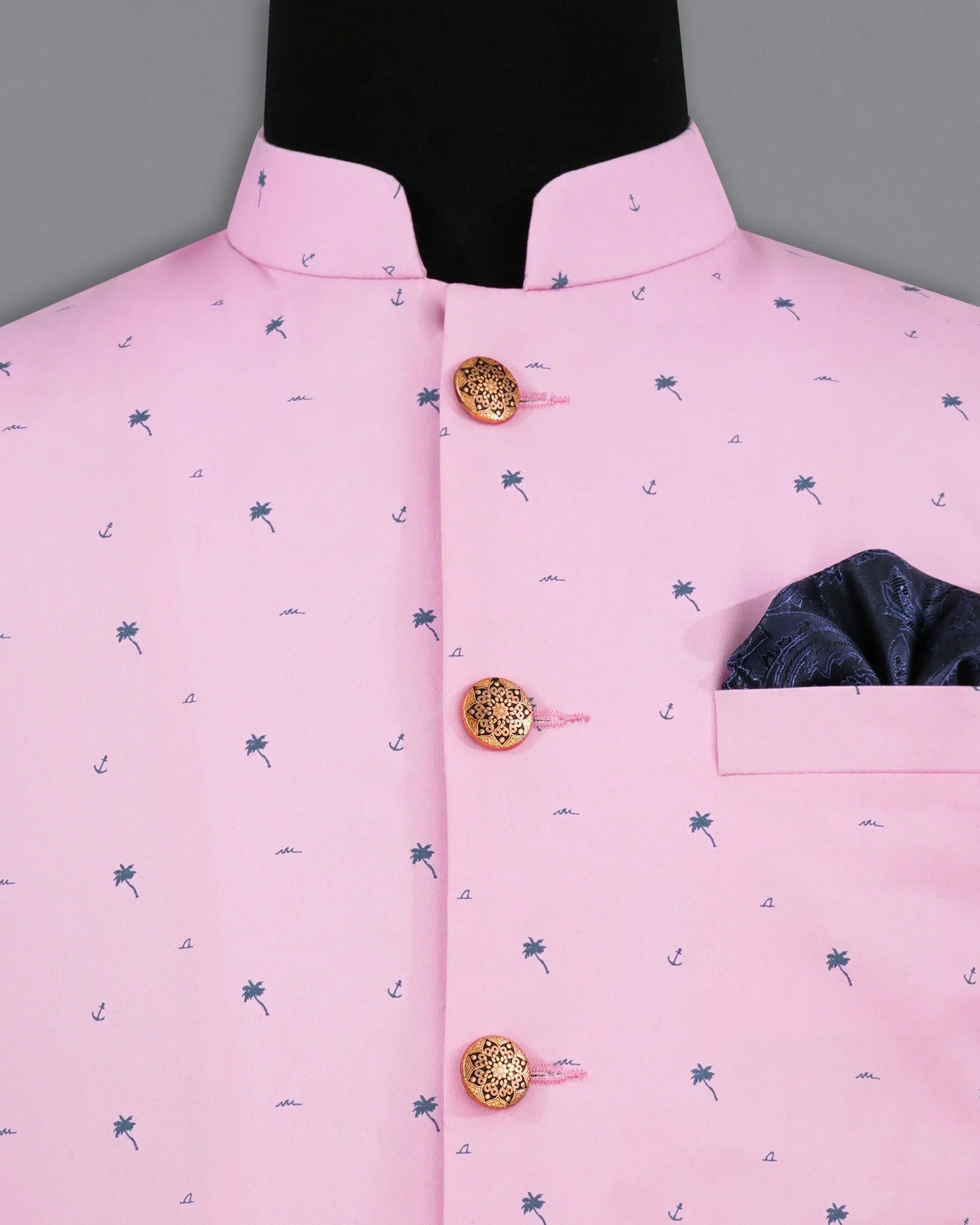Melanie Pink with Fiord Blue Printed Premium Cotton Designer Nehru Jacket