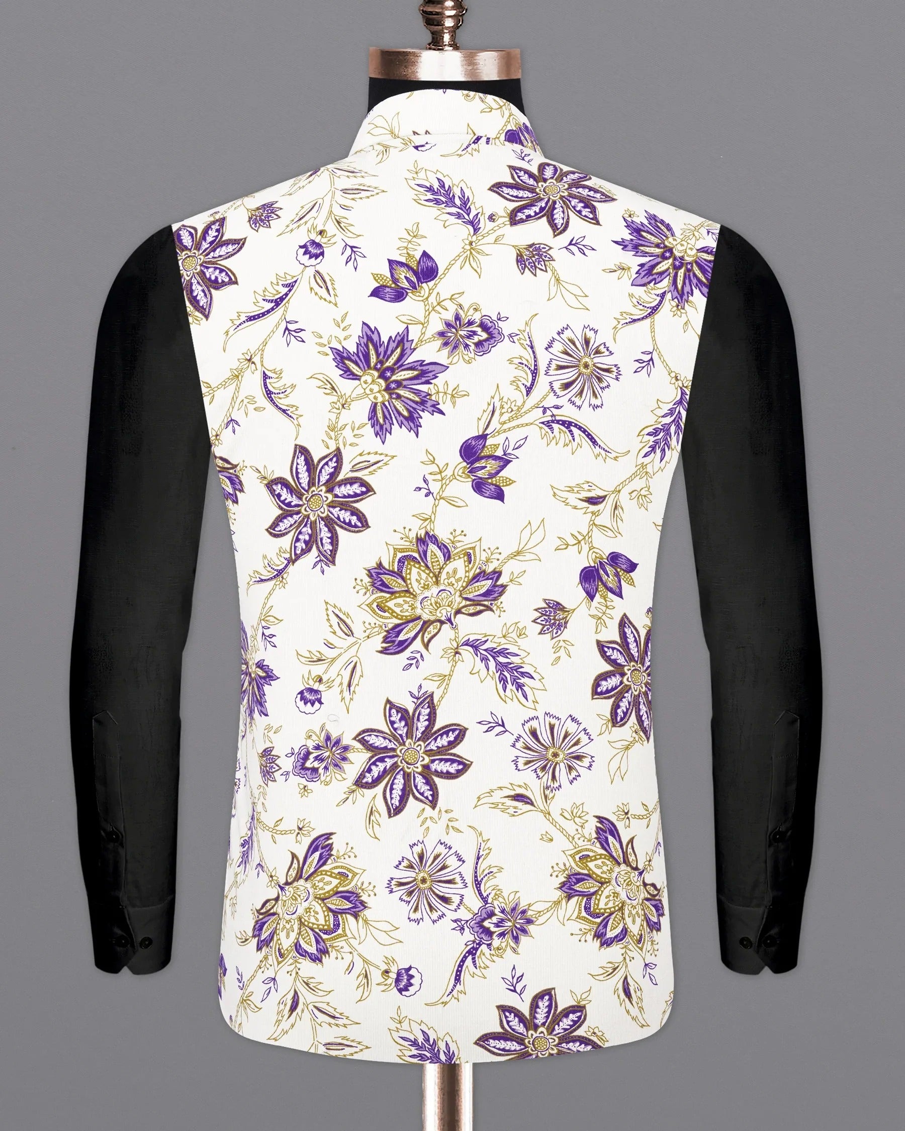 Desert Storm Cream with Eminence Blue Leaves Printed Premium Cotton Nehru Jacket