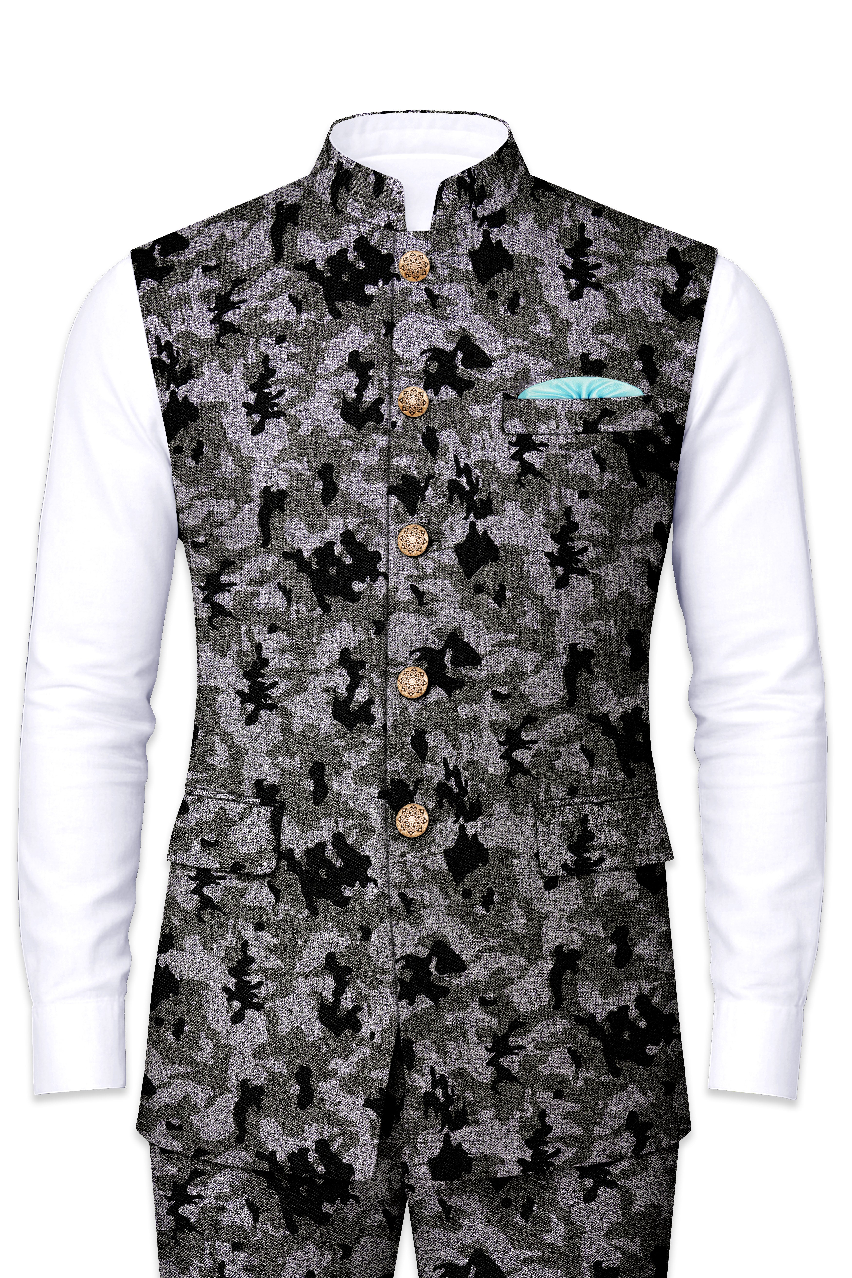 Merlin Green with Scorpion Gray Chintz Printed Bandhgala Nehru Jacket