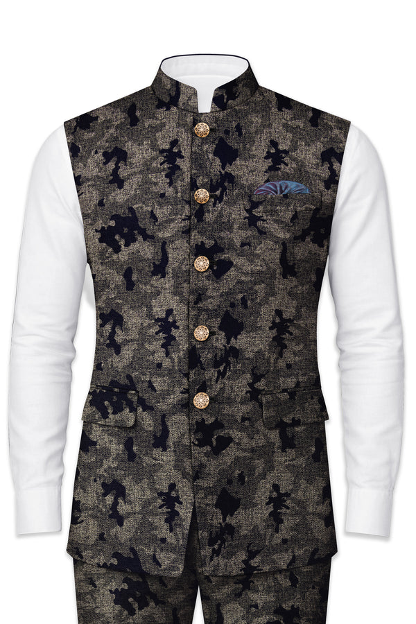 Tundora Brown with Jade Black Ditsy Textured Designer Nehru Jacket